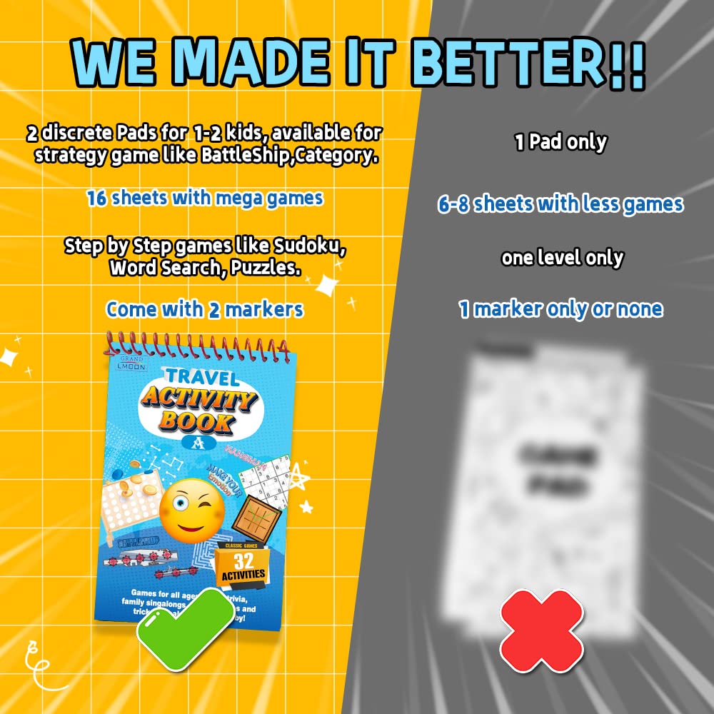 GRANDLMOON 2-Pack Reusable 32-Activity Travel Game Mats – 9x6 in, Marker Included | Ages 6-12
