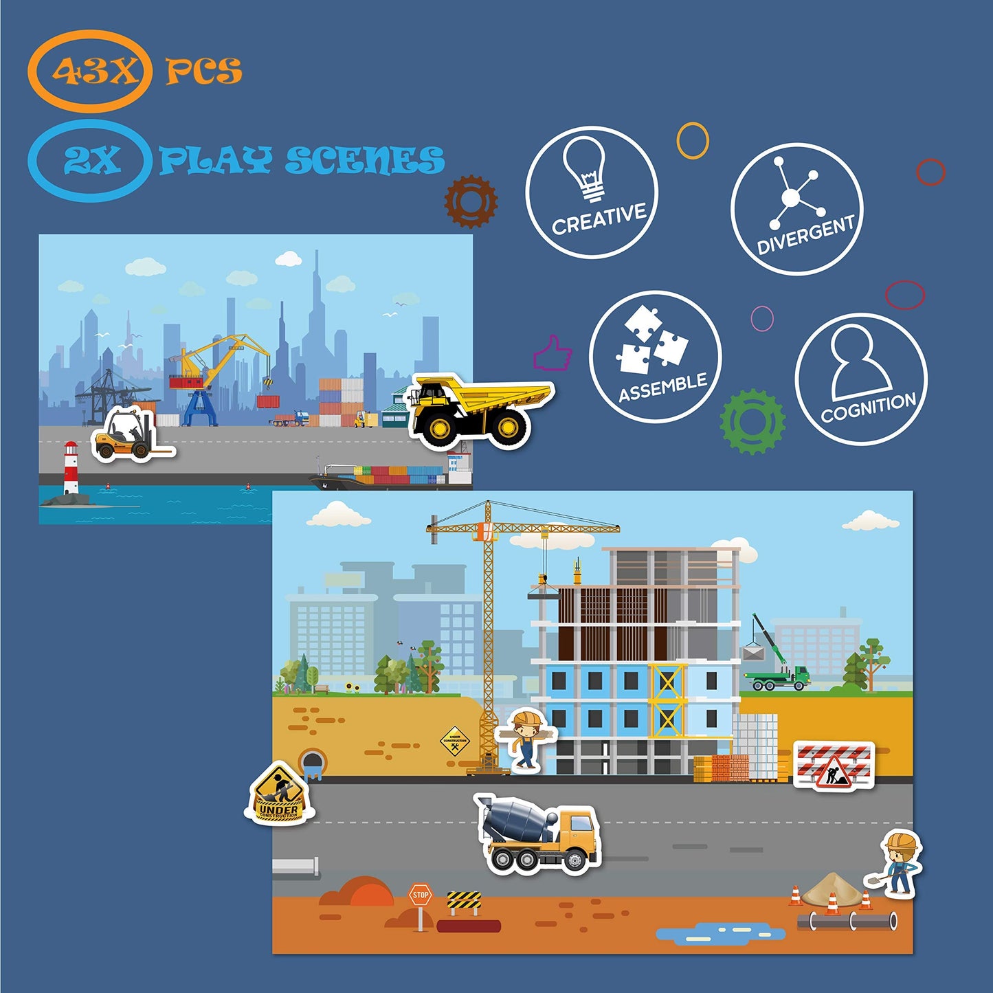 GRANDLMOON Magnetic Portable Playboard – Construction Site Vehicles (44 Pcs)