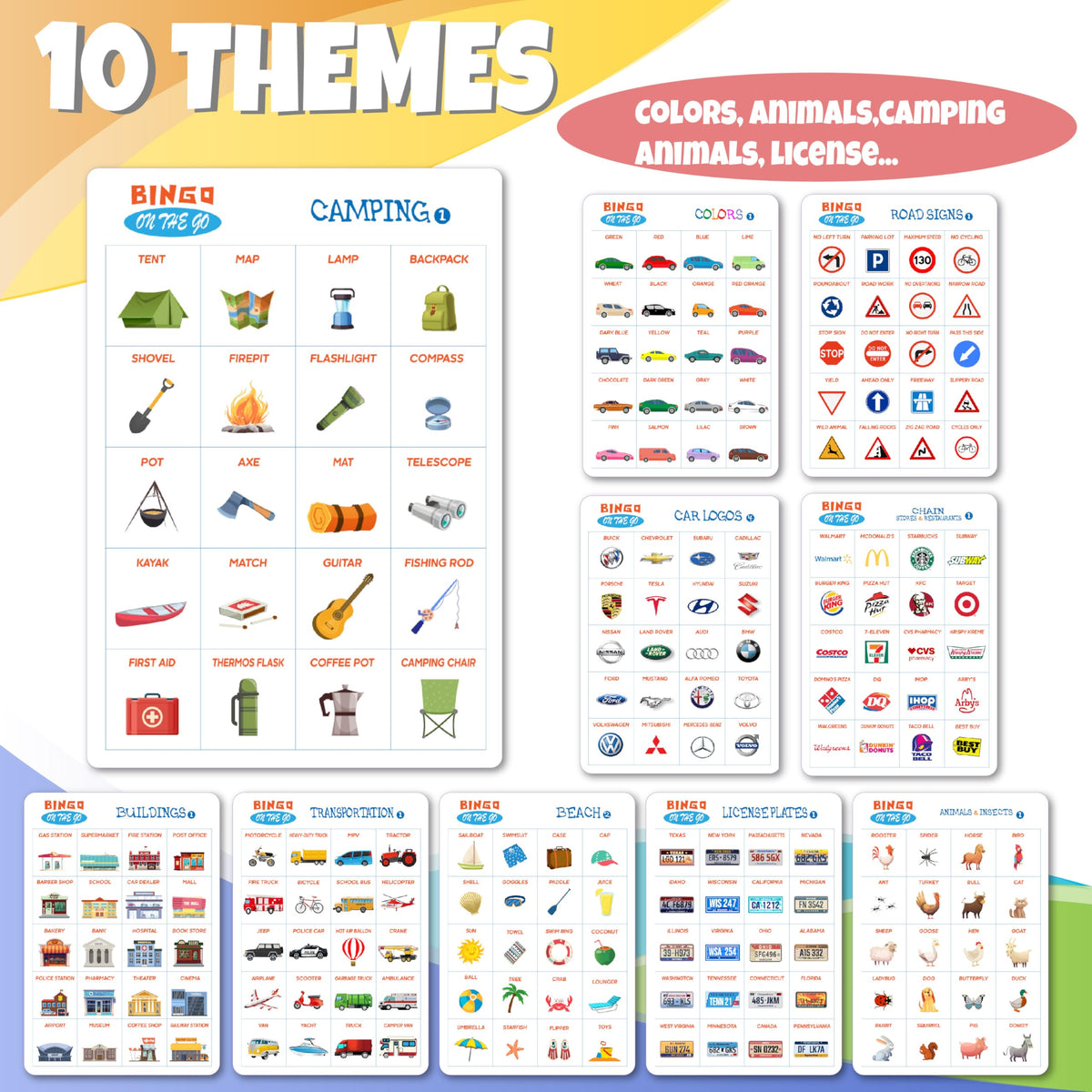 GRANDLMOON Car Bingo Game: 48 Designs, 9 Themes, 3 Markers for Kids (Ages 3–8)