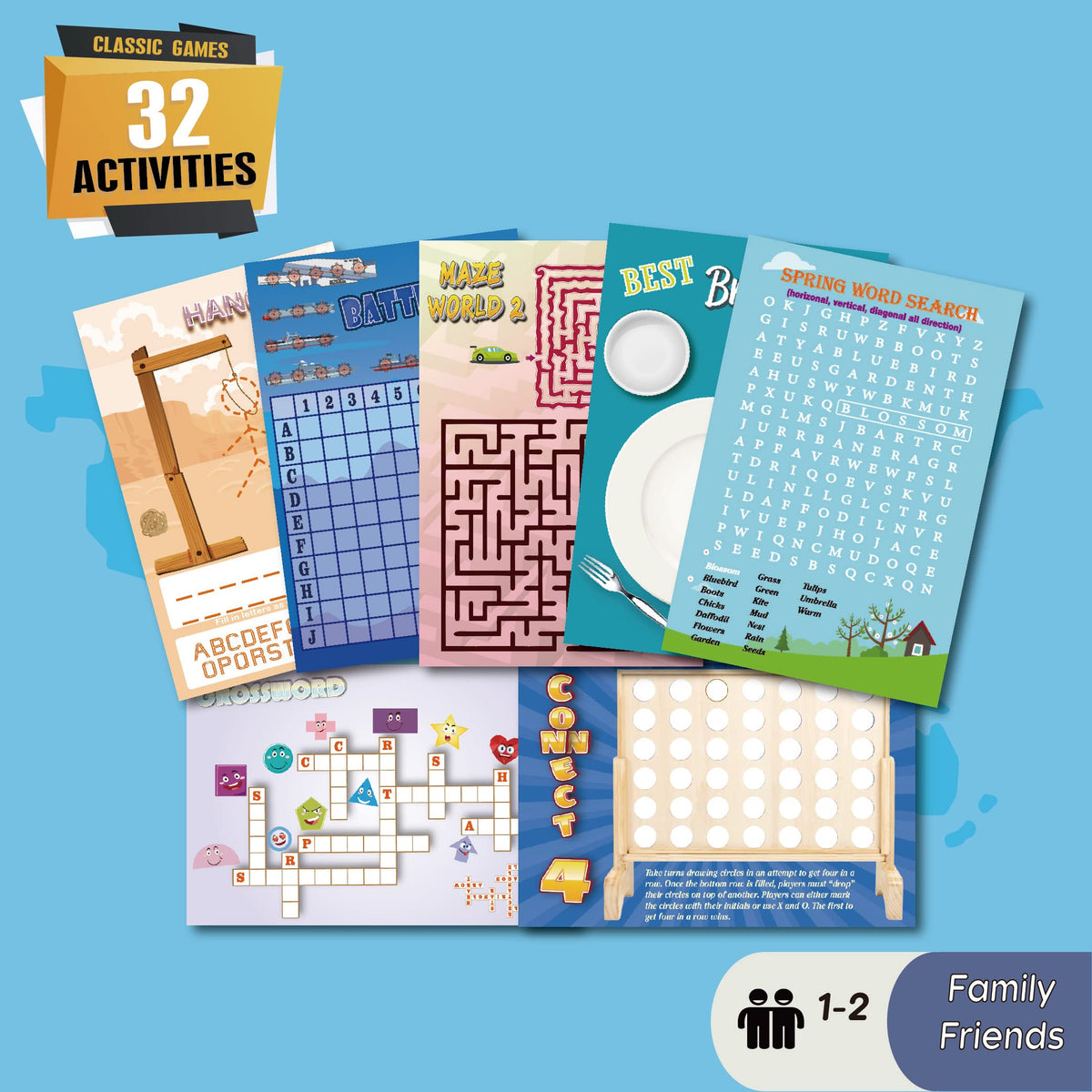 GRANDLMOON 2-Pack Reusable 32-Activity Travel Game Mats – 9x6 in, Marker Included | Ages 6-12