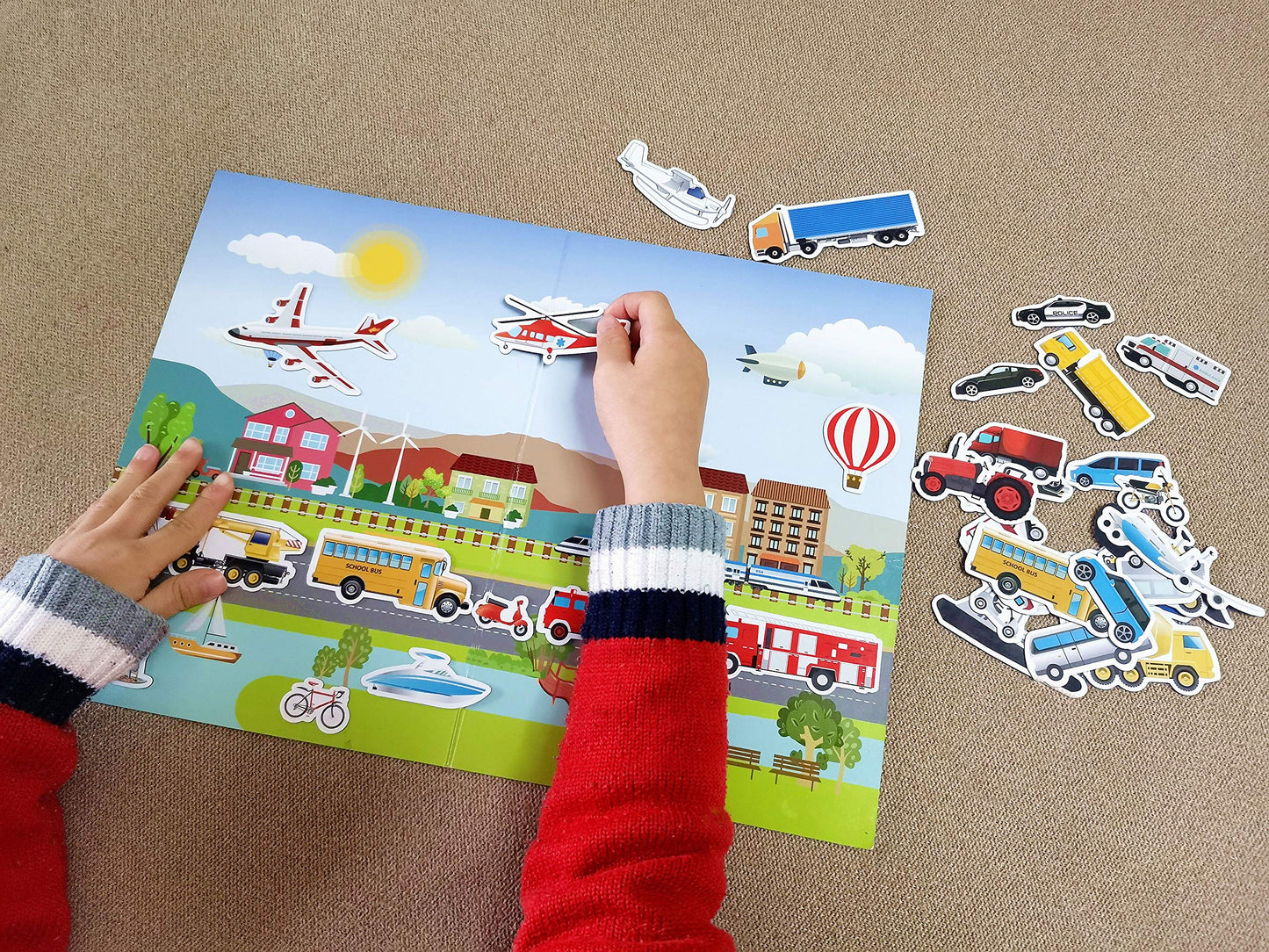 GRANDLMOON Magnetic Portable Playboard: 39 Pcs Cars, Planes, Boats & Vehicles for Travel & Learning