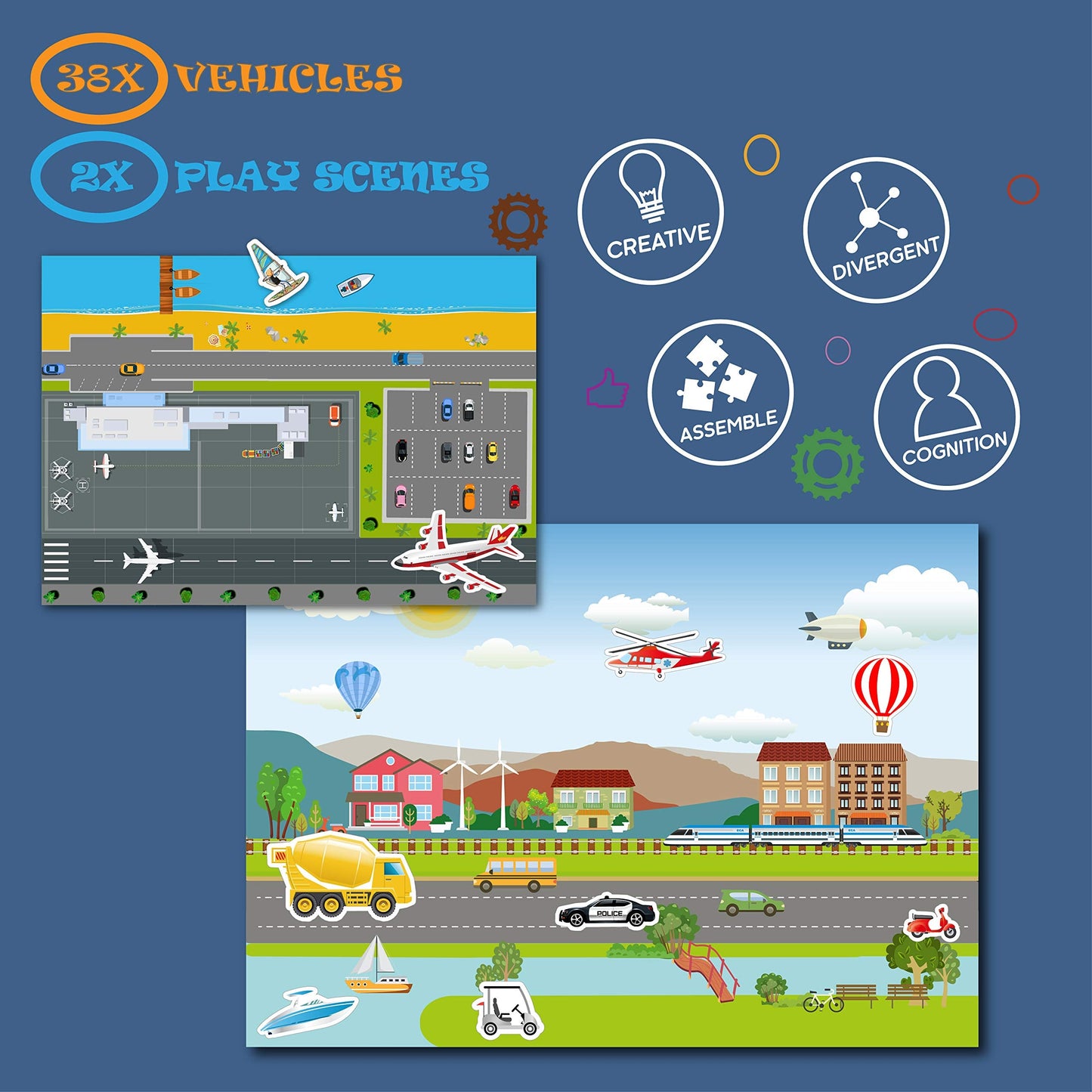GRANDLMOON Magnetic Portable Playboard: 39 Pcs Cars, Planes, Boats & Vehicles for Travel & Learning