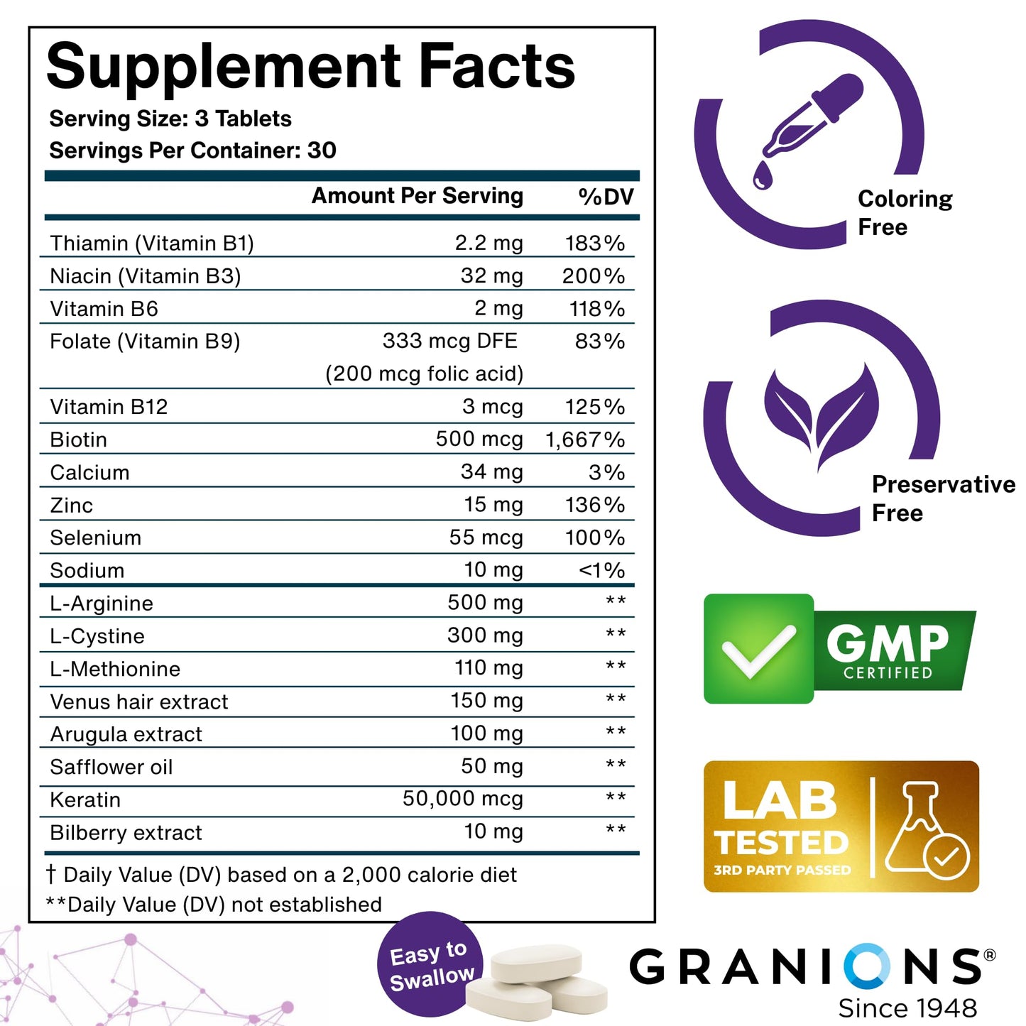Granions Hair Growth Supplements | Biotin, Keratin & Amino Acids - 90 Tablets