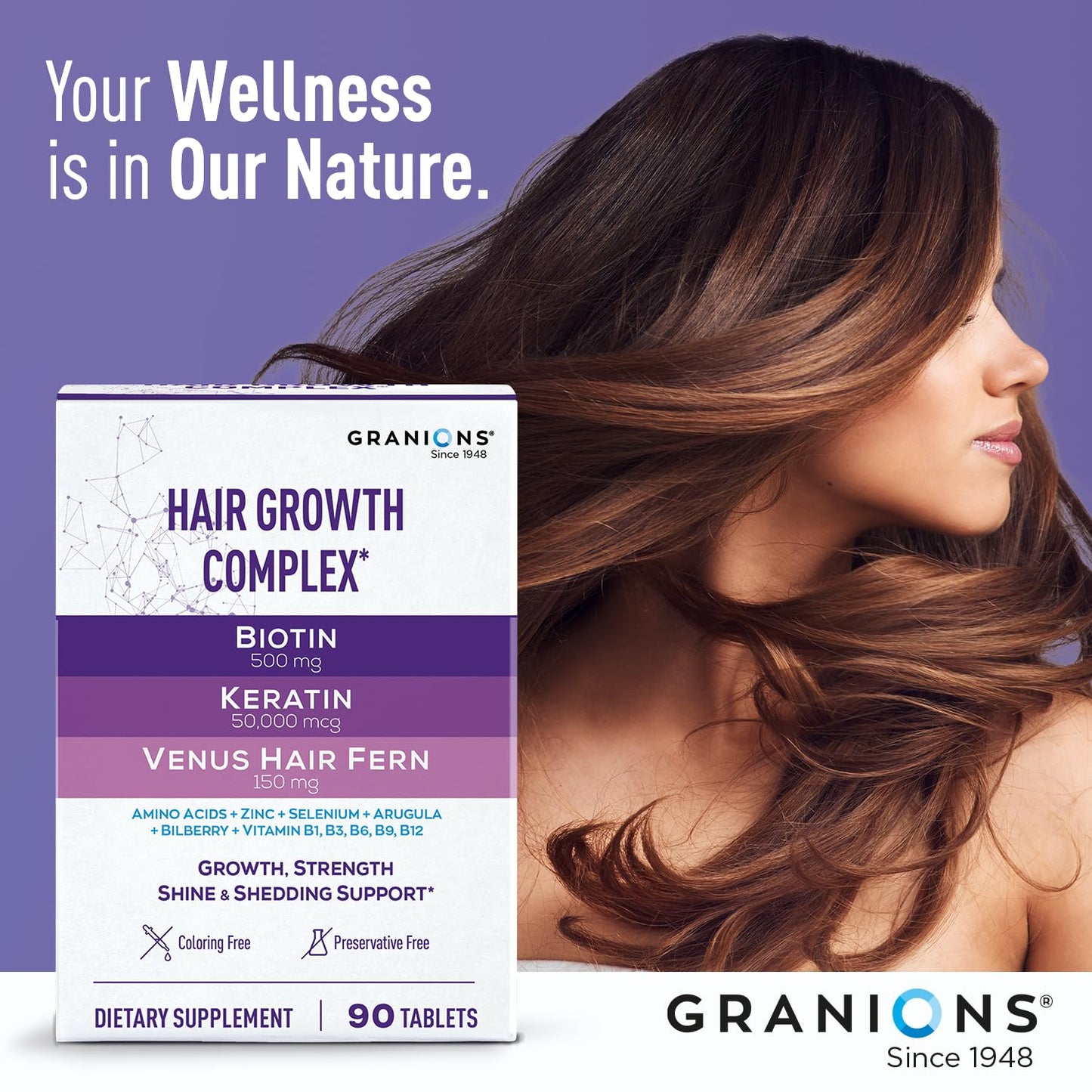 Granions Hair Growth Supplements | Biotin, Keratin & Amino Acids - 90 Tablets
