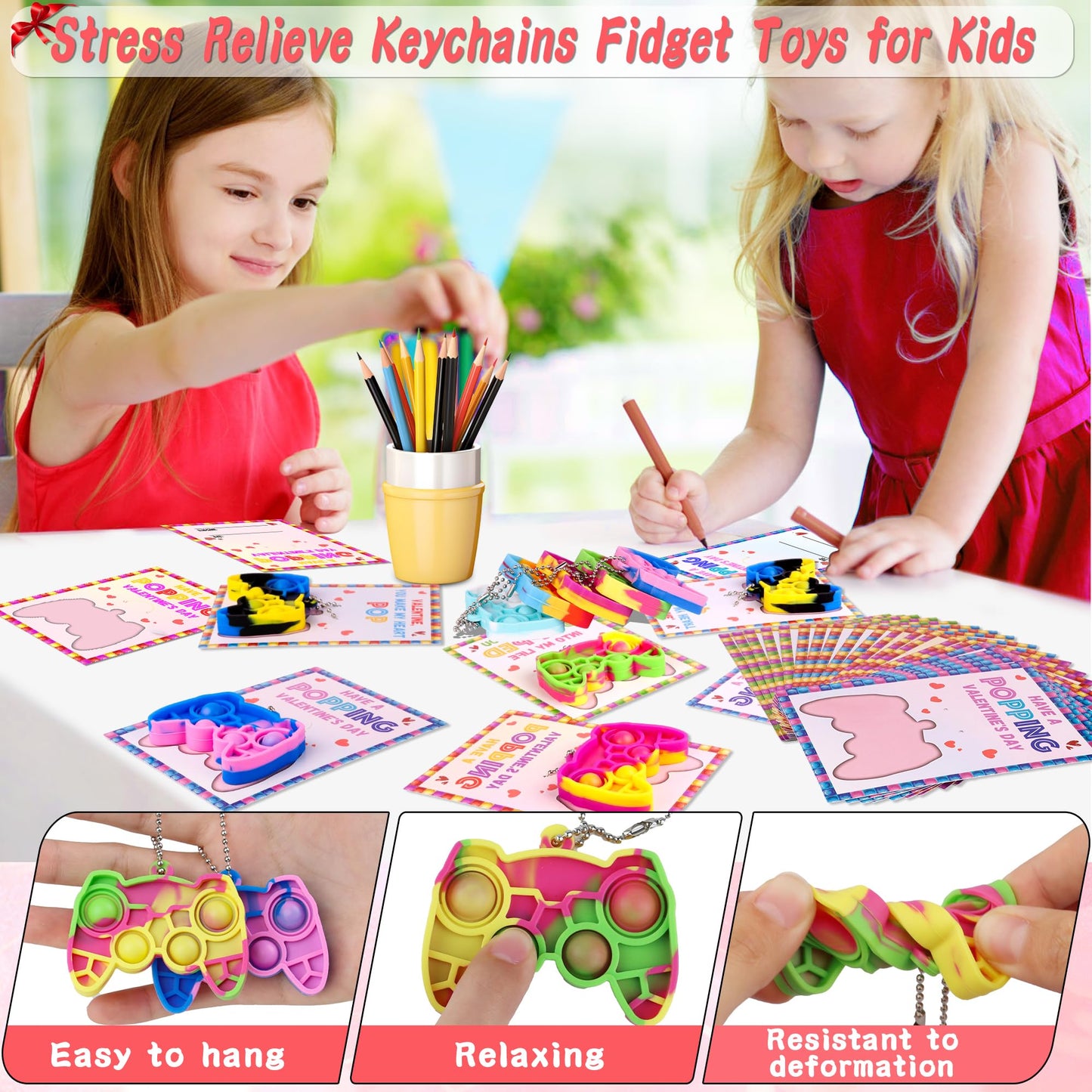 Grastfu 24-Pack Valentines Day Kids Pop Fidget Keychains with Cards & Gift Bags