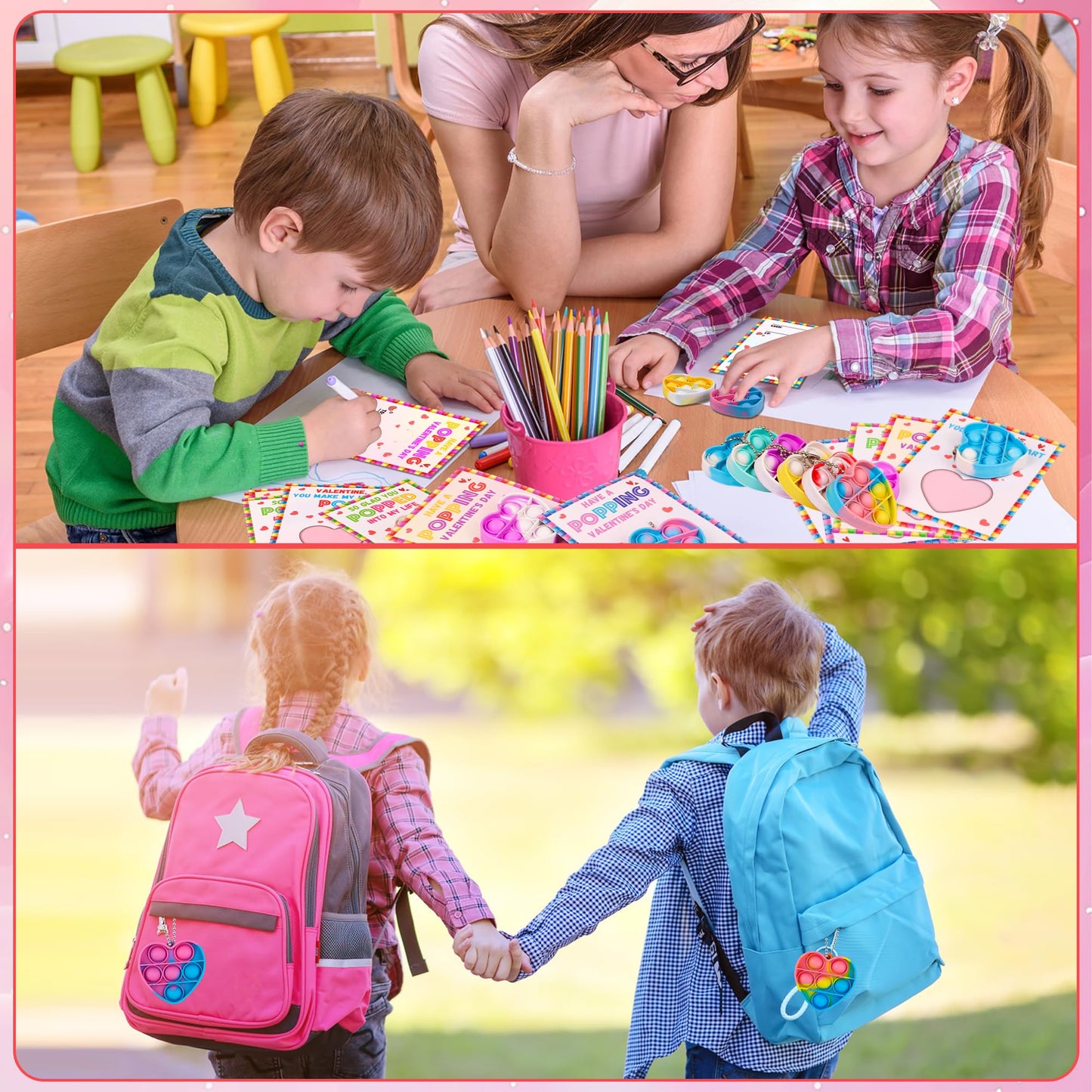 Grastfu 24-Pack Valentines Day Gifts for Kids: Cards & Mini Pop Heart Keychains