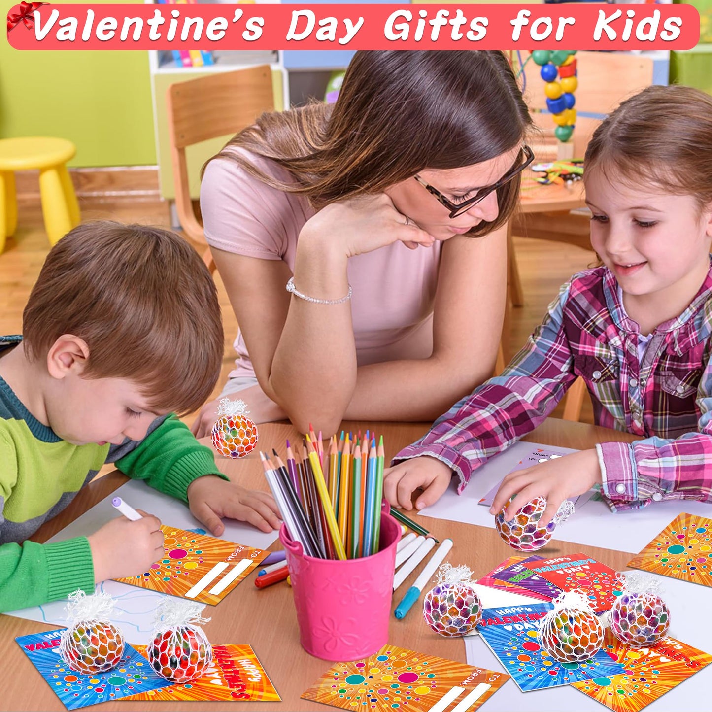 Grastfu 24-Pack Valentines Day Stress Balls with Cards – Classroom Gifts & Party Favors