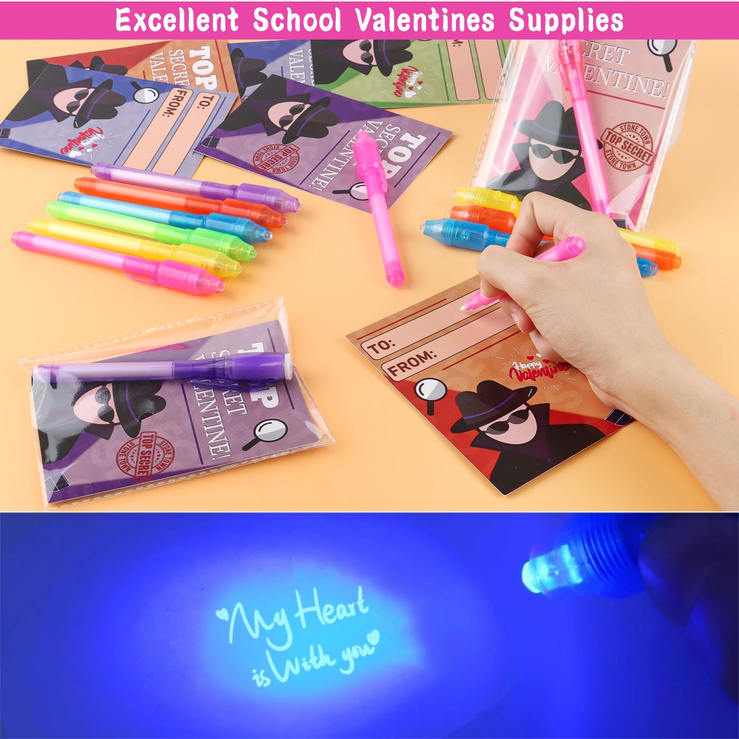 Grastfu 24-Pack Valentines Day Gifts for Kids — Invisible Ink Pens with Cards