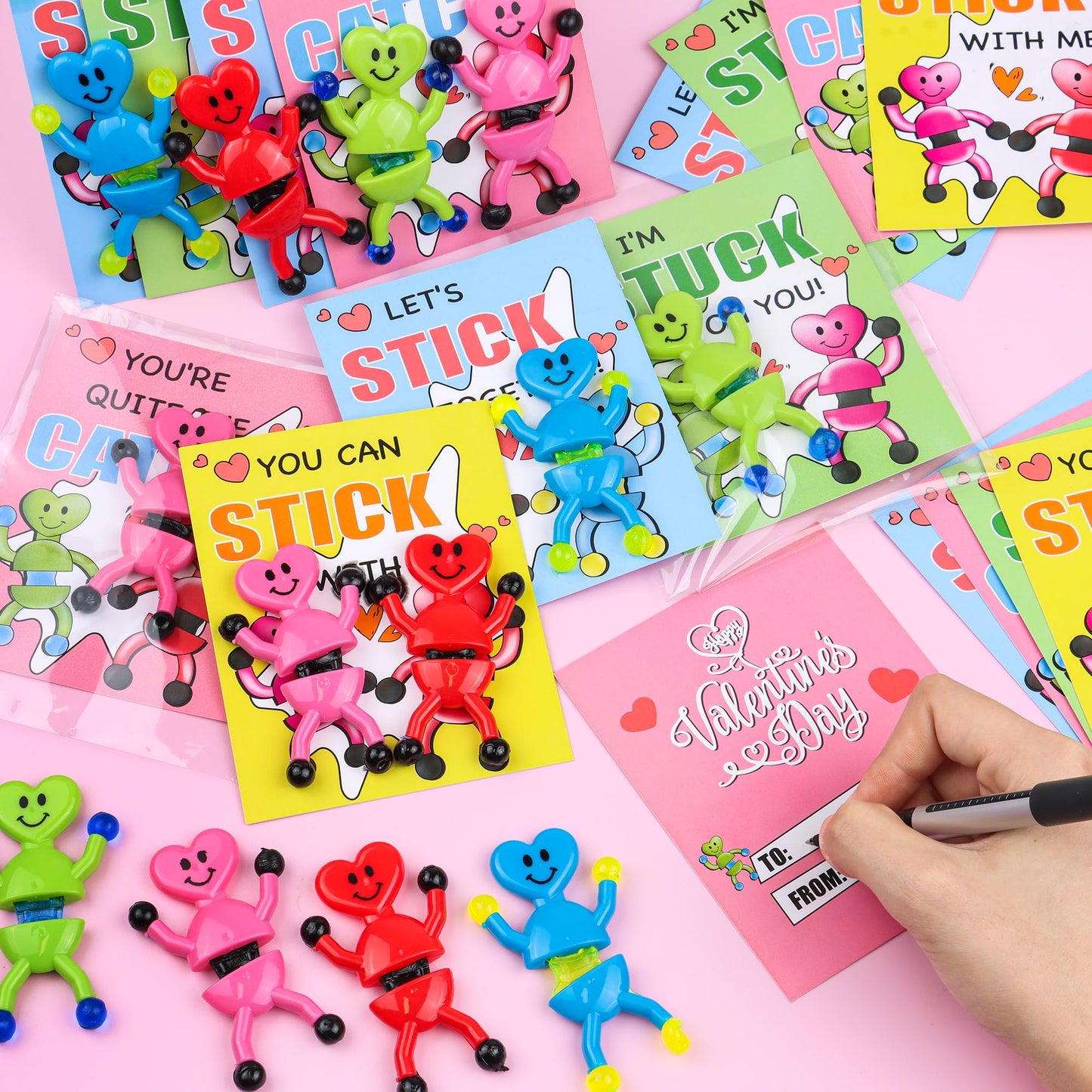 Grastfu 28-Pack Valentines Day Gifts for Kids - Sticky Man Toys & Classroom Cards