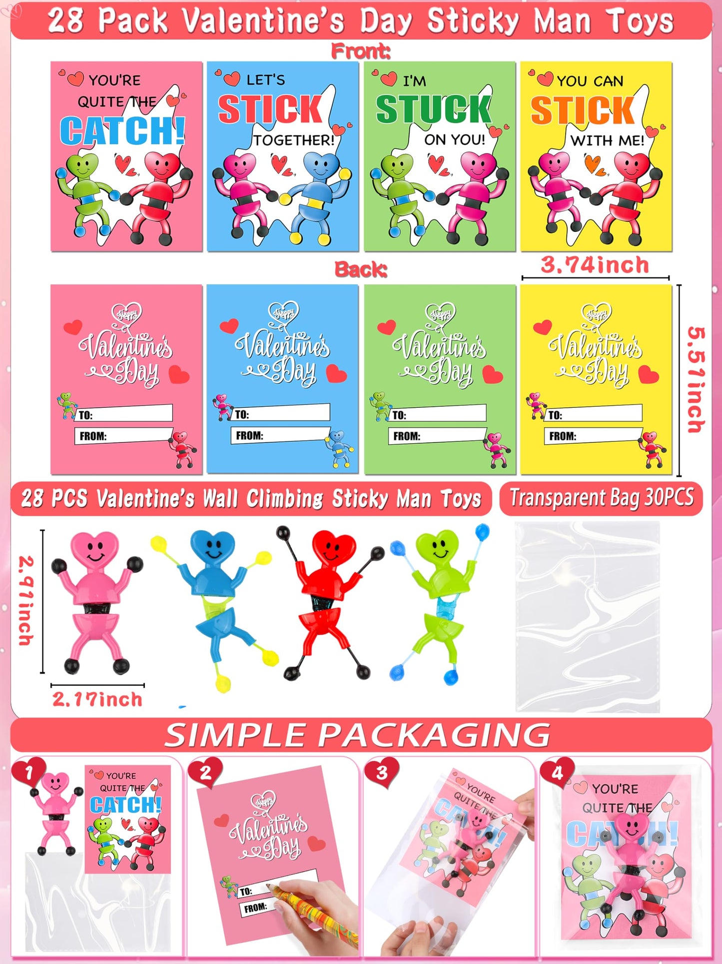 Grastfu 28-Pack Valentines Day Gifts for Kids - Sticky Man Toys & Classroom Cards