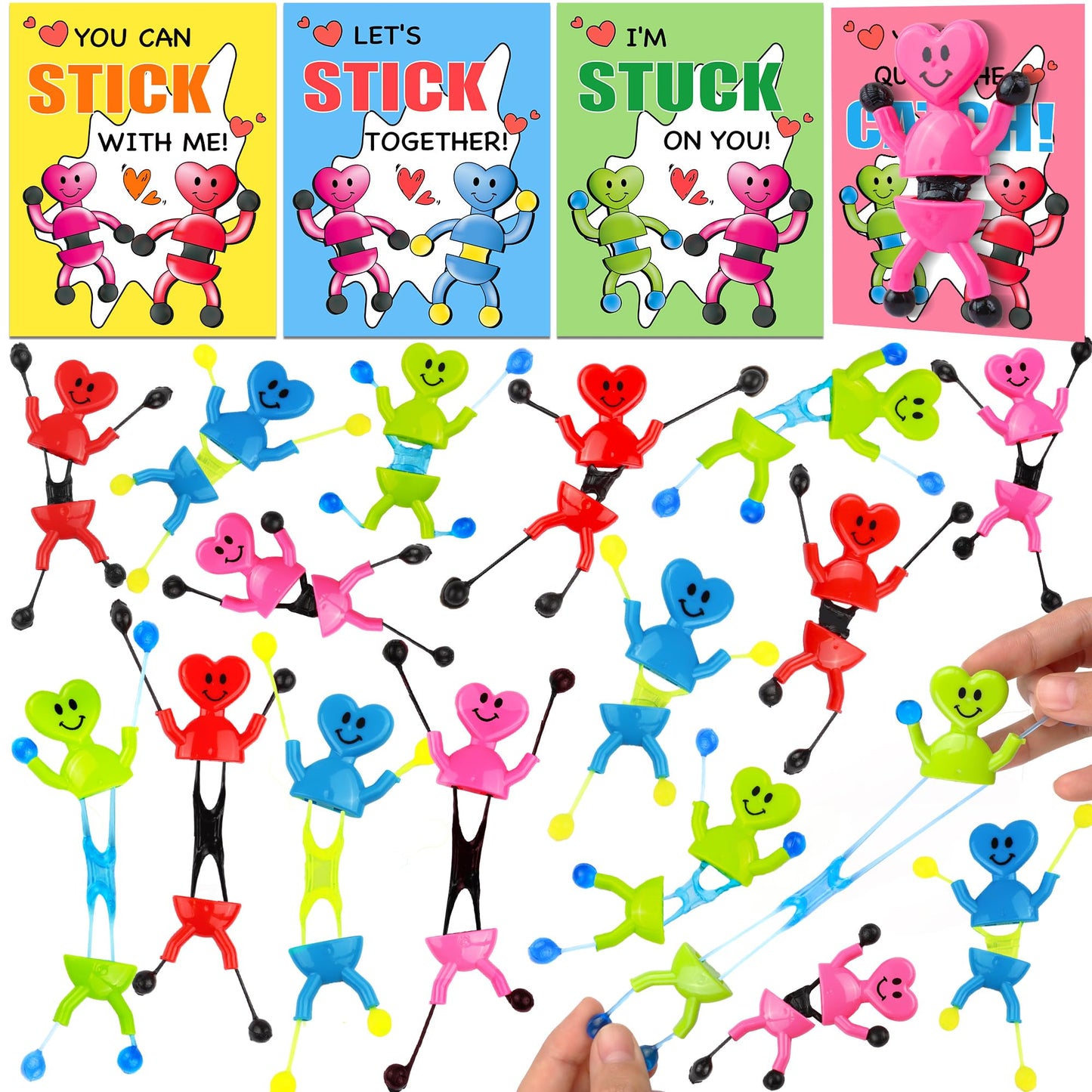 Grastfu 28-Pack Valentines Day Gifts for Kids - Sticky Man Toys & Classroom Cards
