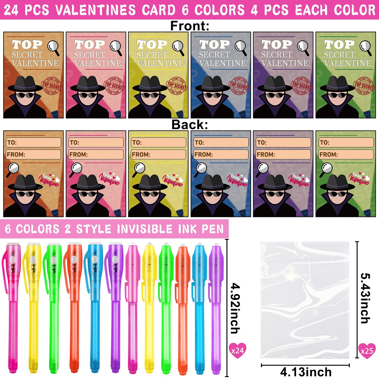 Grastfu 24-Pack Valentines Day Gifts for Kids — Invisible Ink Pens with Cards