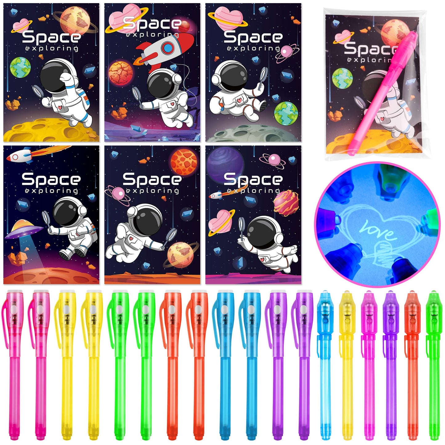 Grastfu 24-Pack Valentines Day Gifts for Kids — Invisible Ink Pens with LED Glow & Space Cards