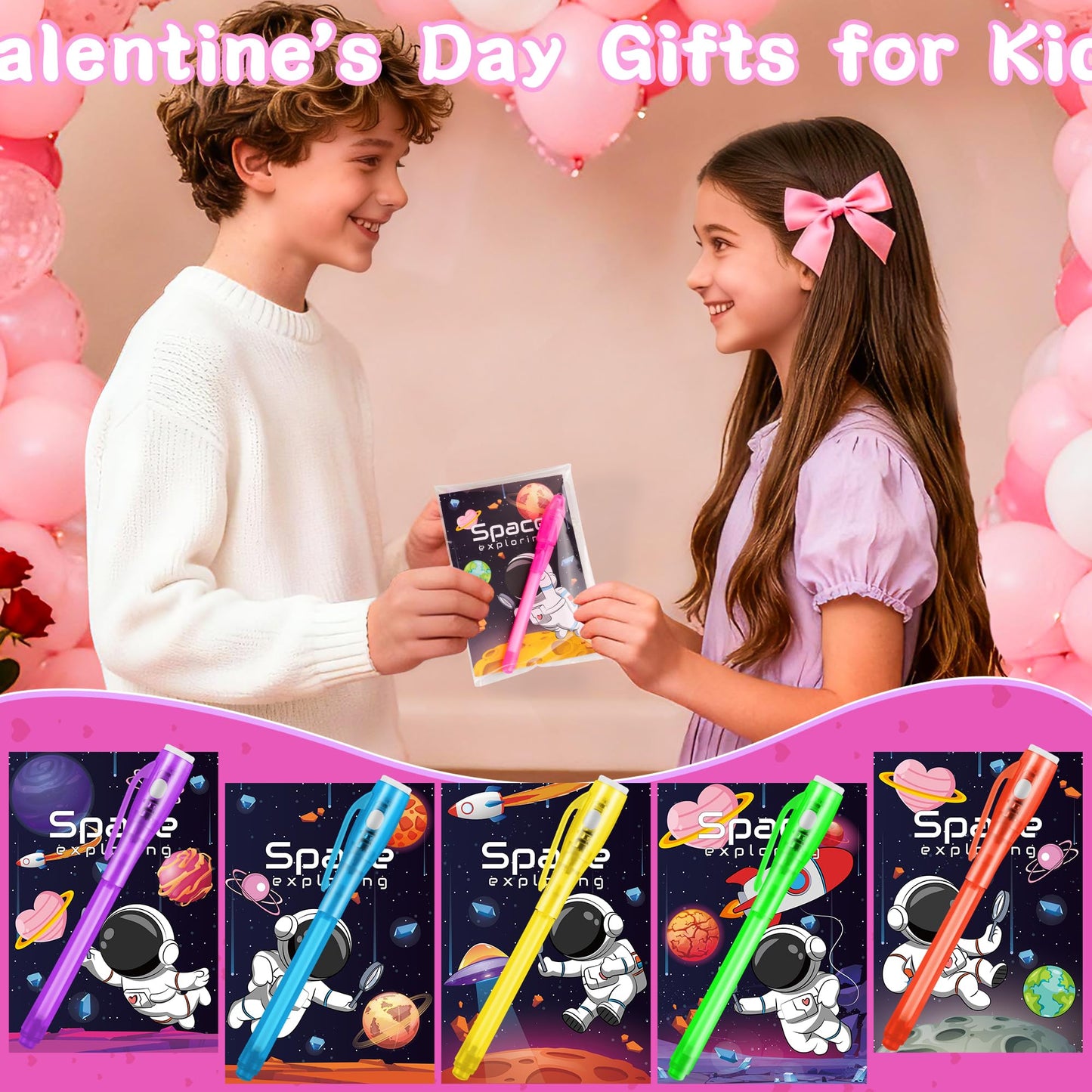 Grastfu 24-Pack Valentines Day Gifts for Kids — Invisible Ink Pens with LED Glow & Space Cards