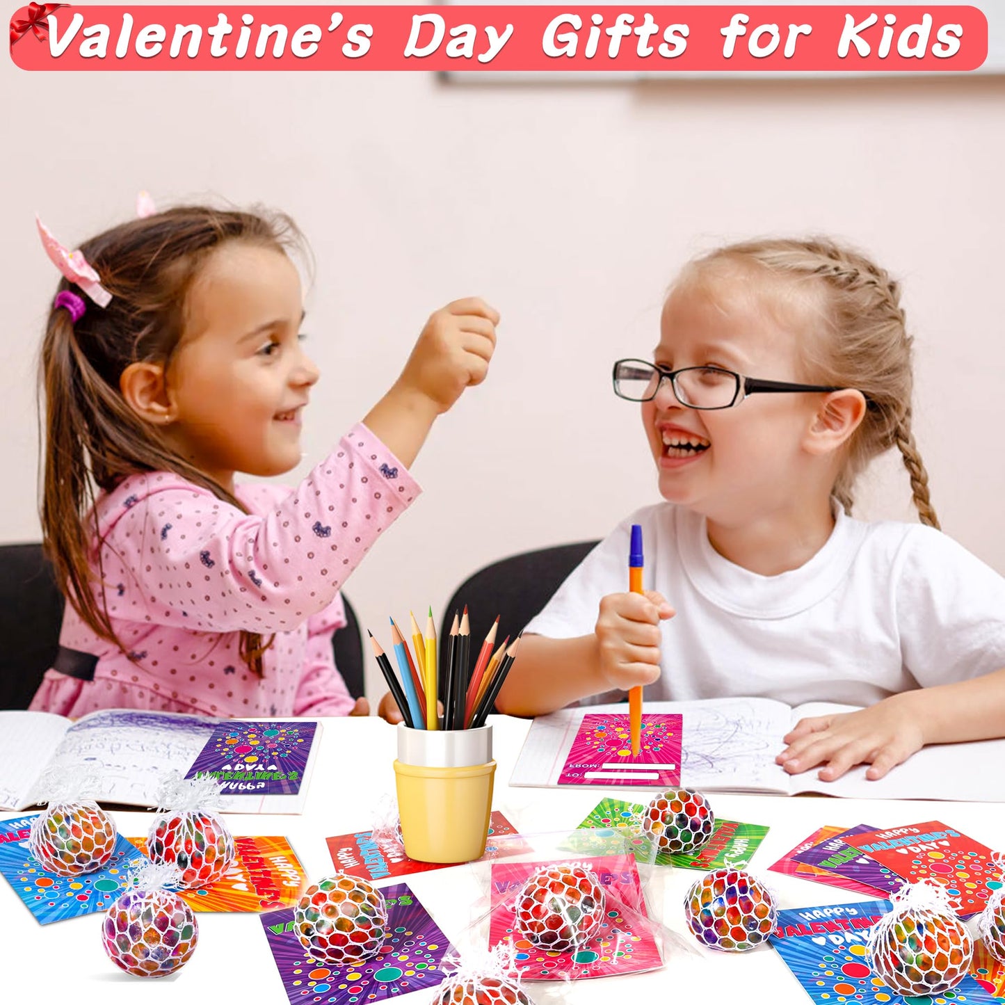 Grastfu 24-Pack Valentines Day Stress Balls with Cards – Classroom Gifts & Party Favors