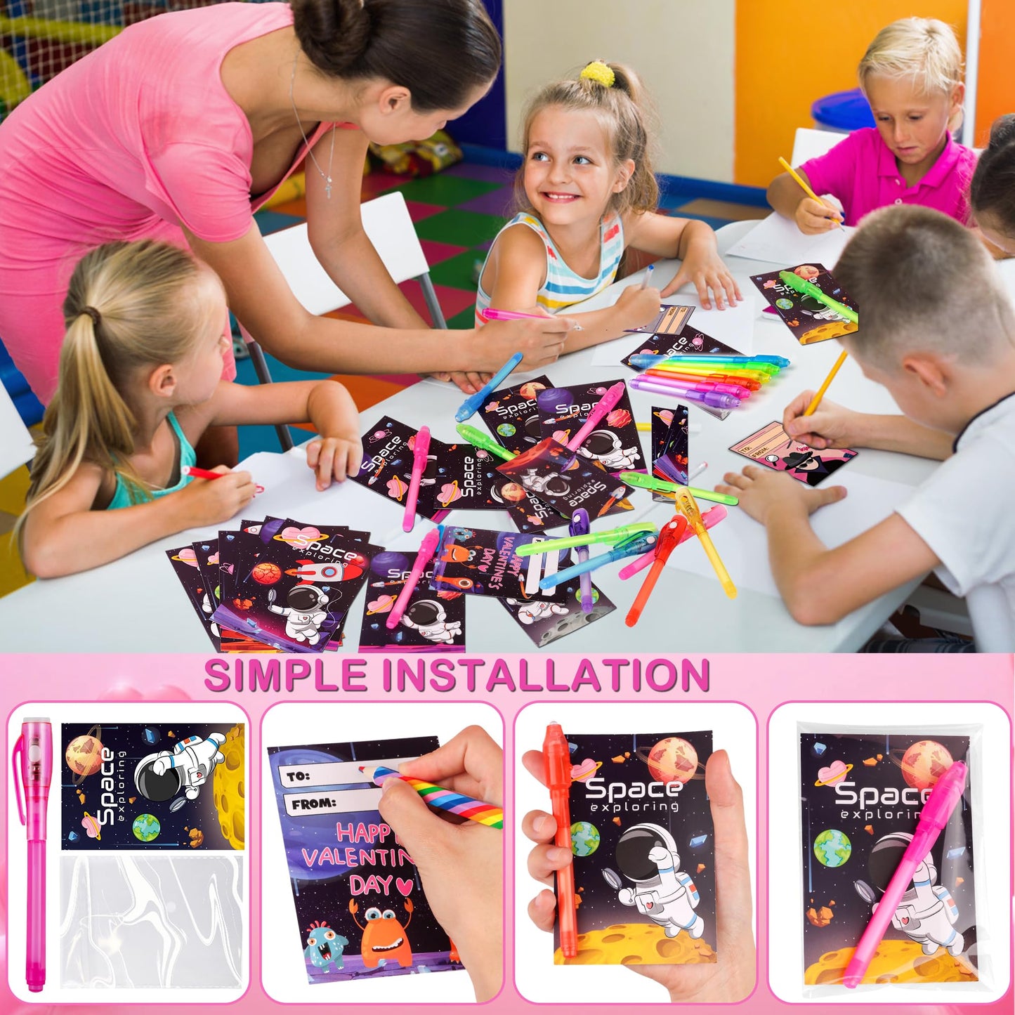 Grastfu 24-Pack Valentines Day Gifts for Kids — Invisible Ink Pens with LED Glow & Space Cards
