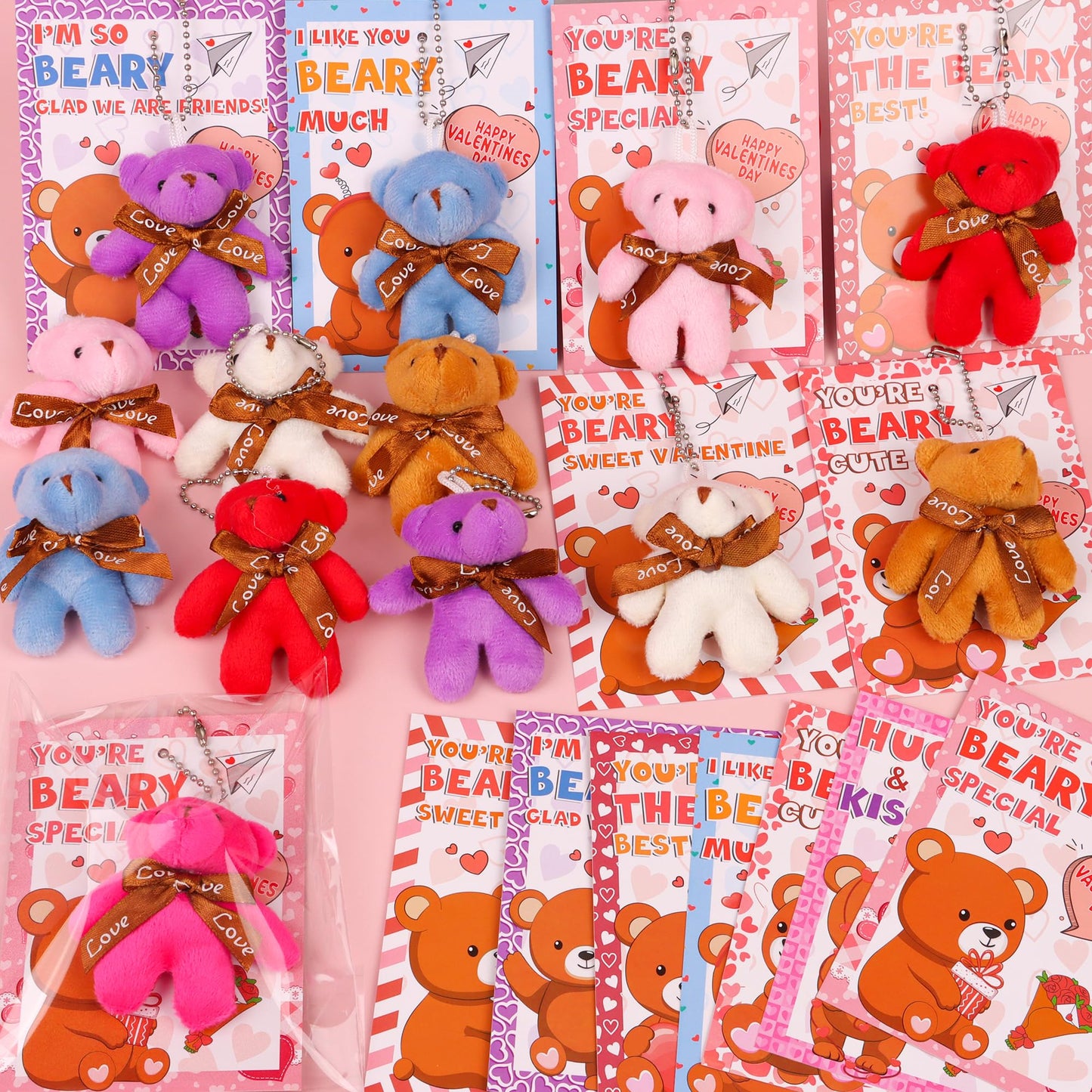 Grastfu 28-Pack Valentines Day Gifts for Kids – Mini Bear Plush Toys with Keychains and Classroom Cards