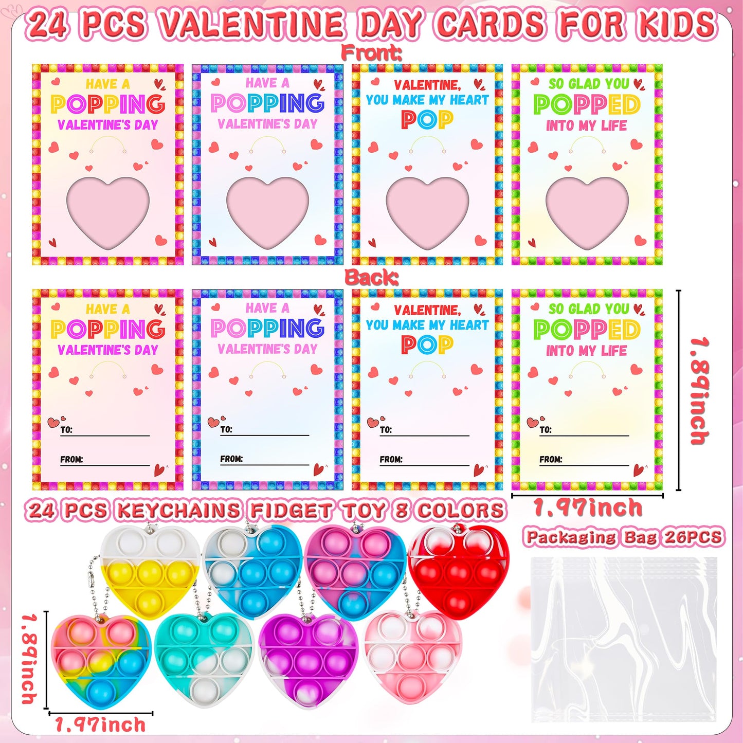 Grastfu 24-Pack Valentines Day Gifts for Kids: Cards & Mini Pop Heart Keychains