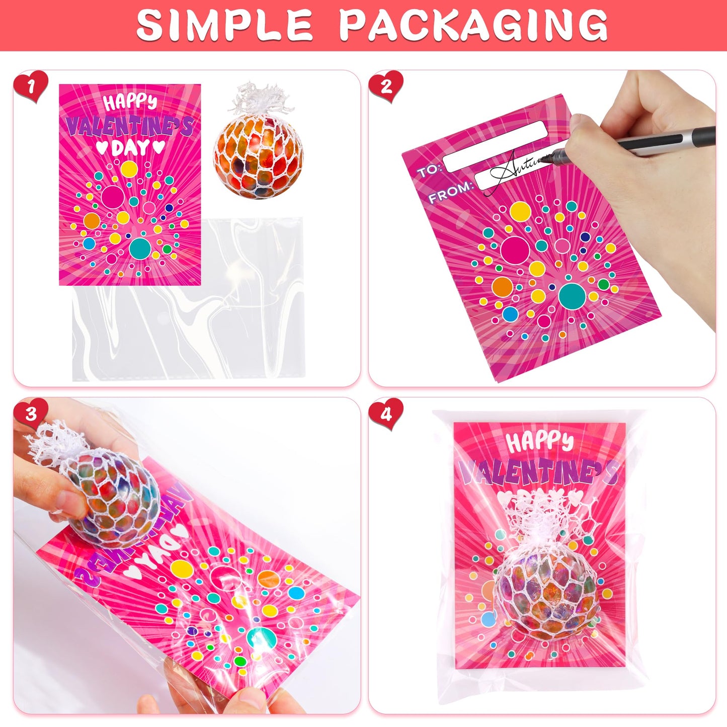 Grastfu 24-Pack Valentines Day Stress Balls with Cards – Classroom Gifts & Party Favors