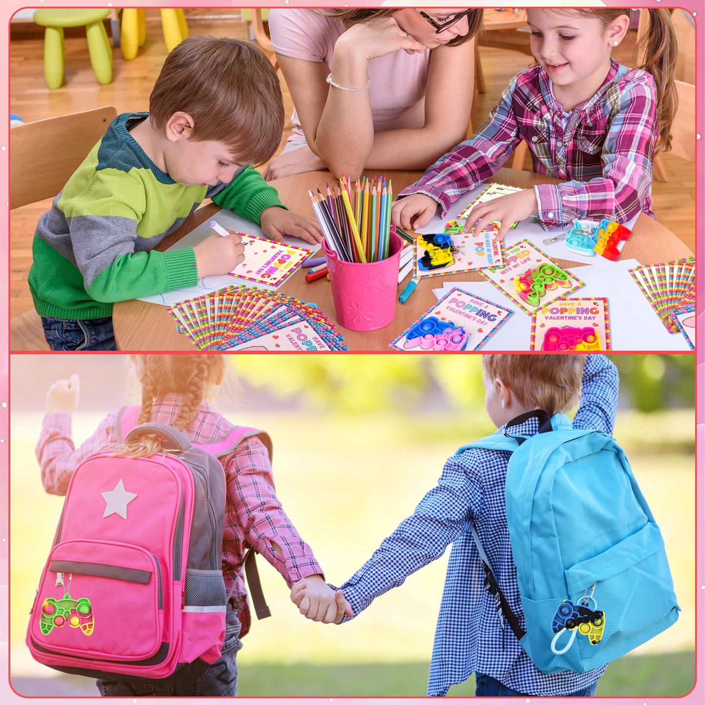 Grastfu 24-Pack Valentines Day Kids Pop Fidget Keychains with Cards & Gift Bags