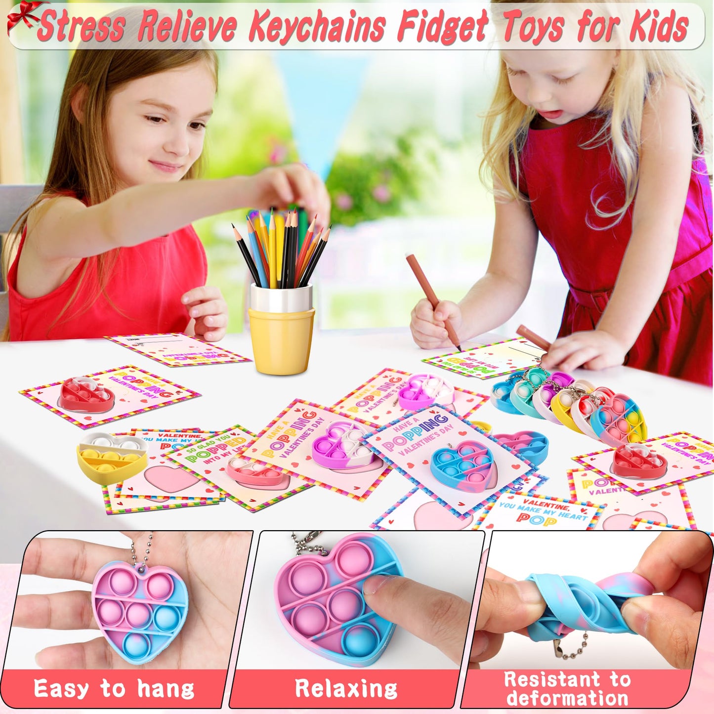 Grastfu 24-Pack Valentines Day Gifts for Kids: Cards & Mini Pop Heart Keychains