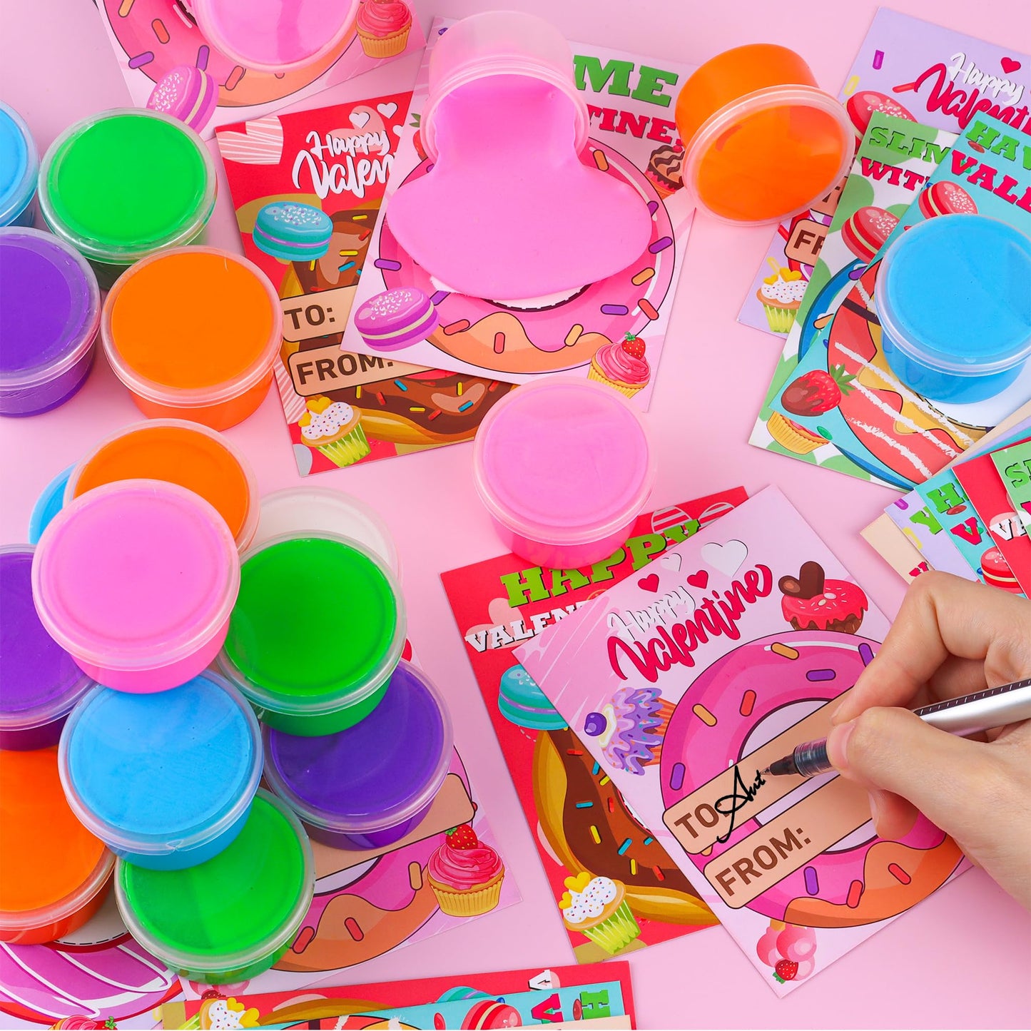 Grastfu 28-Pack Valentine’s Day Butter Slime Kit with Donut Cards for Kids