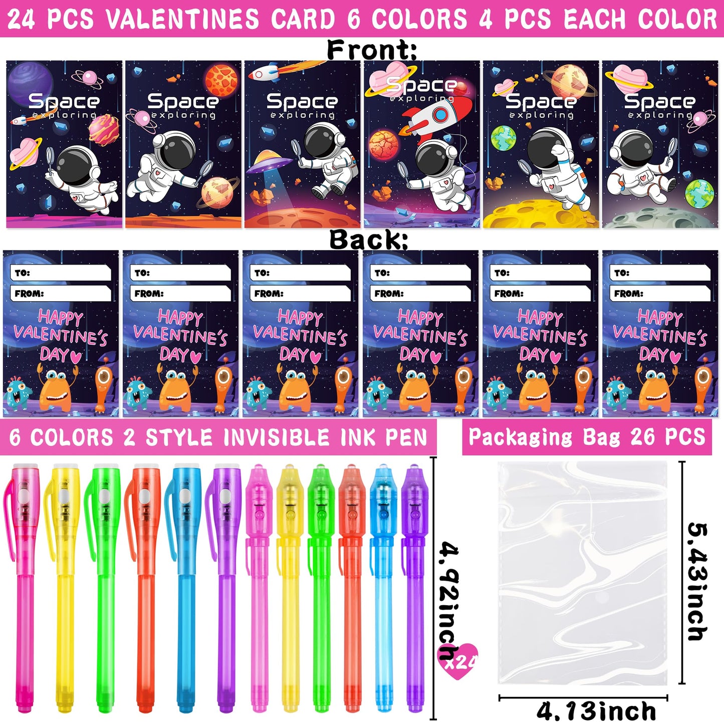 Grastfu 24-Pack Valentines Day Gifts for Kids — Invisible Ink Pens with LED Glow & Space Cards
