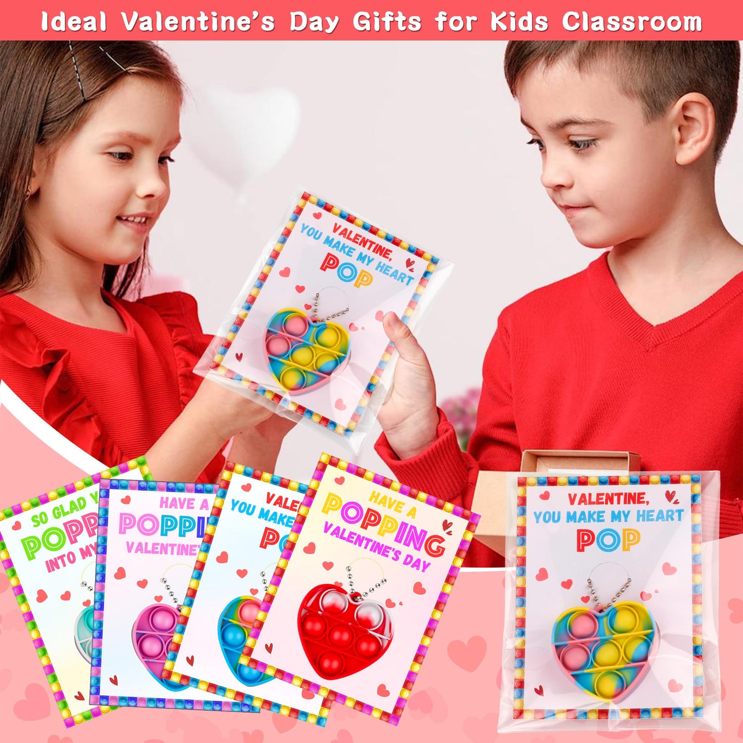 Grastfu 24-Pack Valentines Day Gifts for Kids: Cards & Mini Pop Heart Keychains