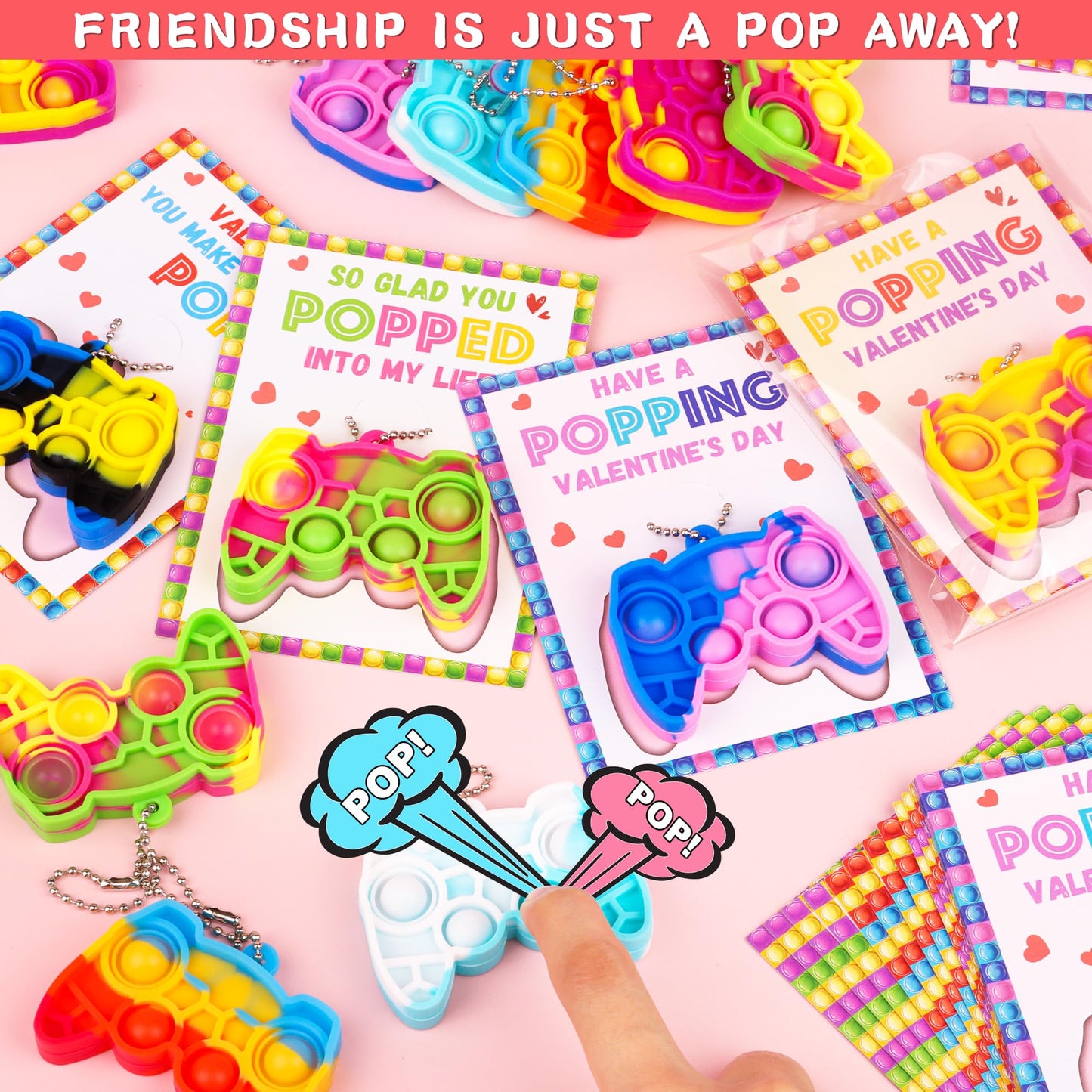 Grastfu 24-Pack Valentines Day Kids Pop Fidget Keychains with Cards & Gift Bags