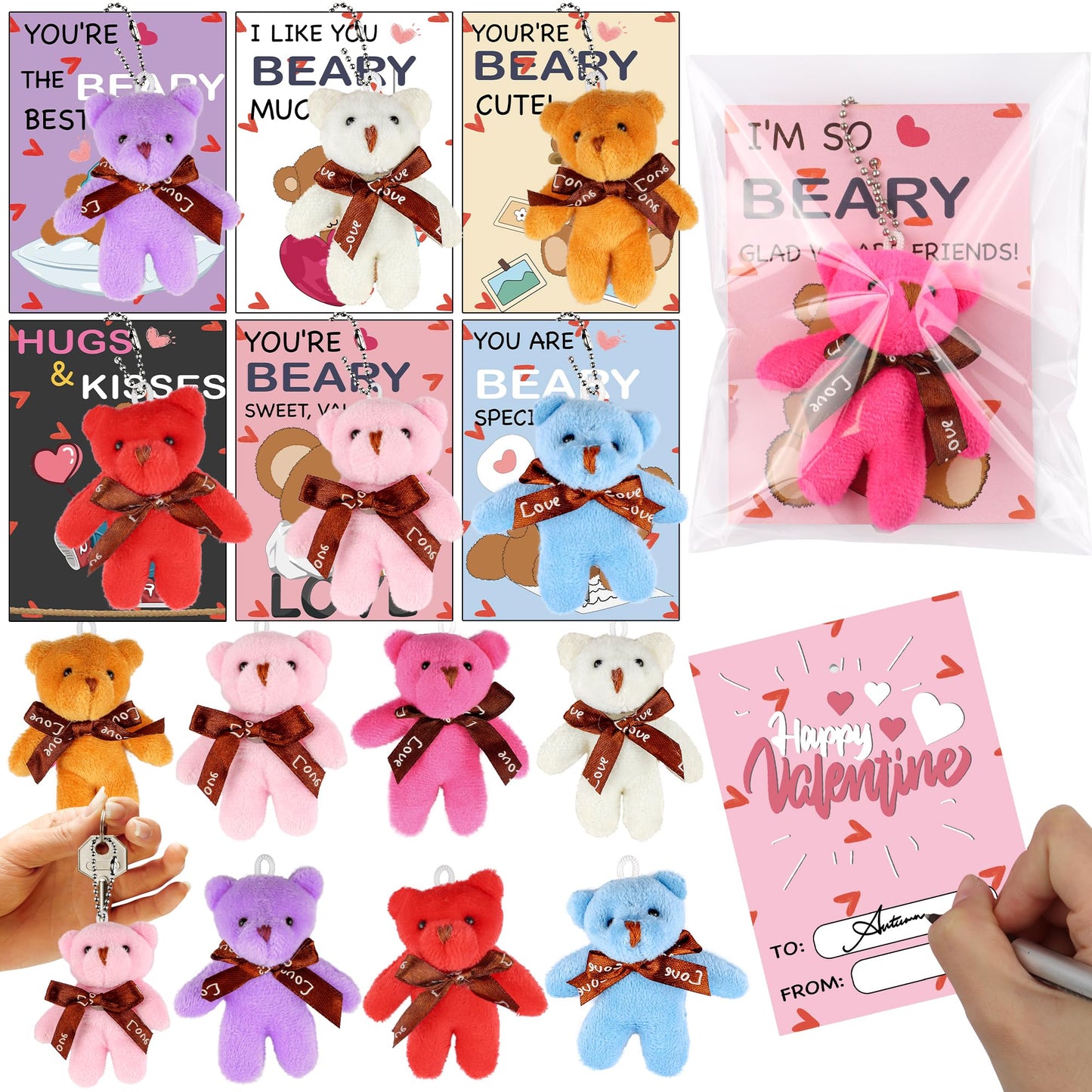 Grastfu 28-Pack Valentines Day Gifts for Kids — Plush Bear Toys & Cards