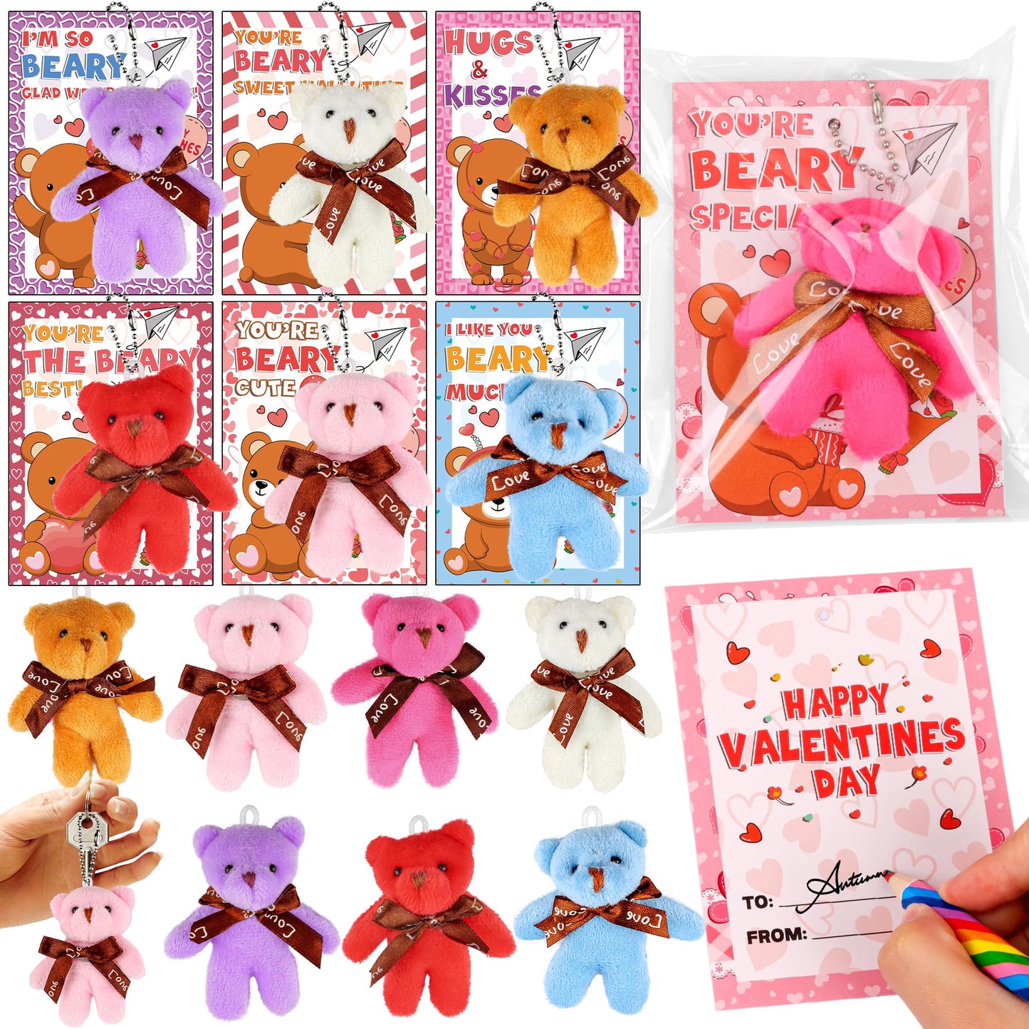 Grastfu 28-Pack Valentines Day Gifts for Kids – Mini Bear Plush Toys with Keychains and Classroom Cards