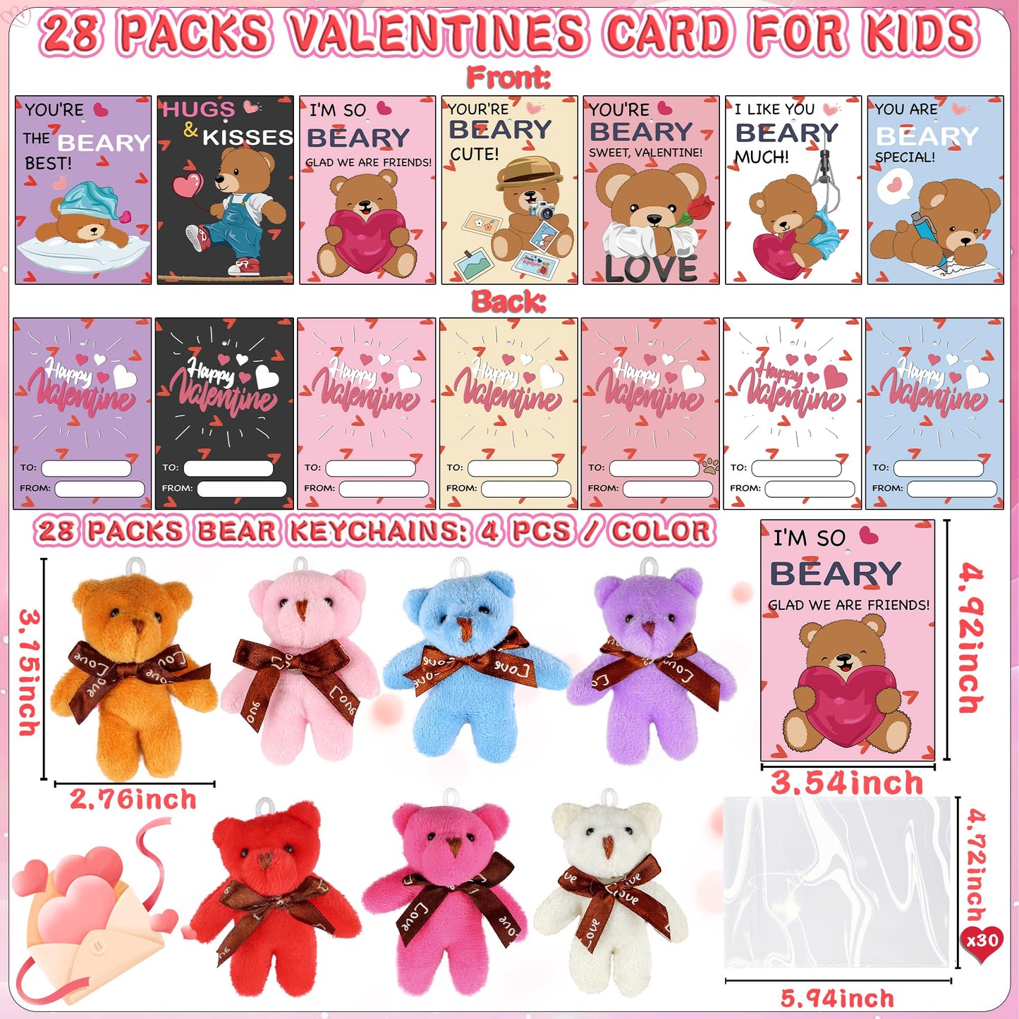 Grastfu 28-Pack Valentines Day Gifts for Kids — Plush Bear Toys & Cards