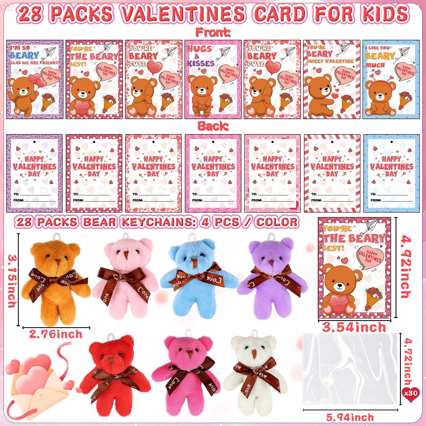 Grastfu 28-Pack Valentines Day Gifts for Kids – Mini Bear Plush Toys with Keychains and Classroom Cards