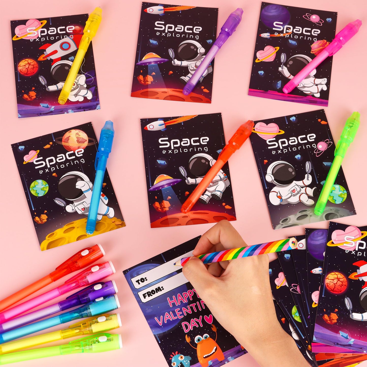Grastfu 24-Pack Valentines Day Gifts for Kids — Invisible Ink Pens with LED Glow & Space Cards