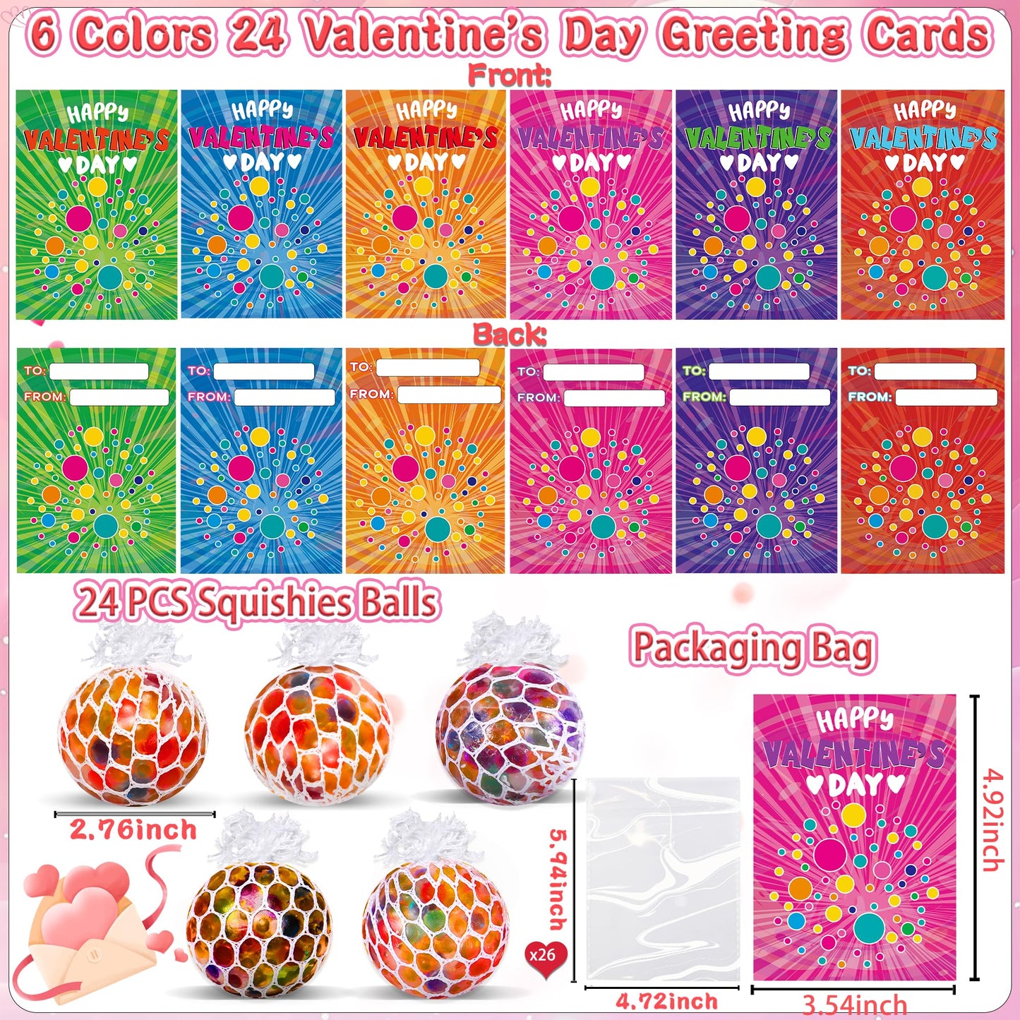 Grastfu 24-Pack Valentines Day Stress Balls with Cards – Classroom Gifts & Party Favors