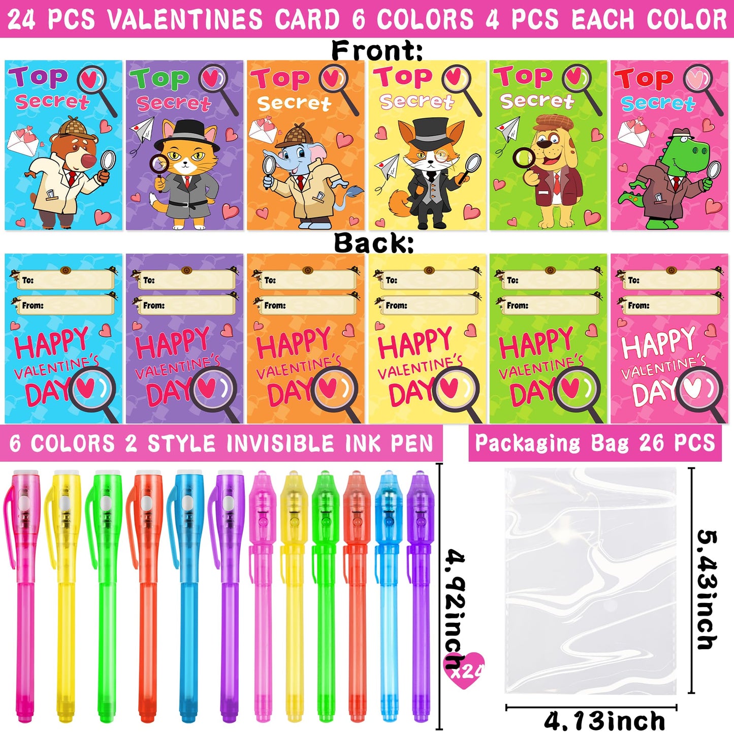 Grastfu 24 Pack Invisible Ink Pens with Animal-Valentines Cards – Classroom Valentine Party Favors