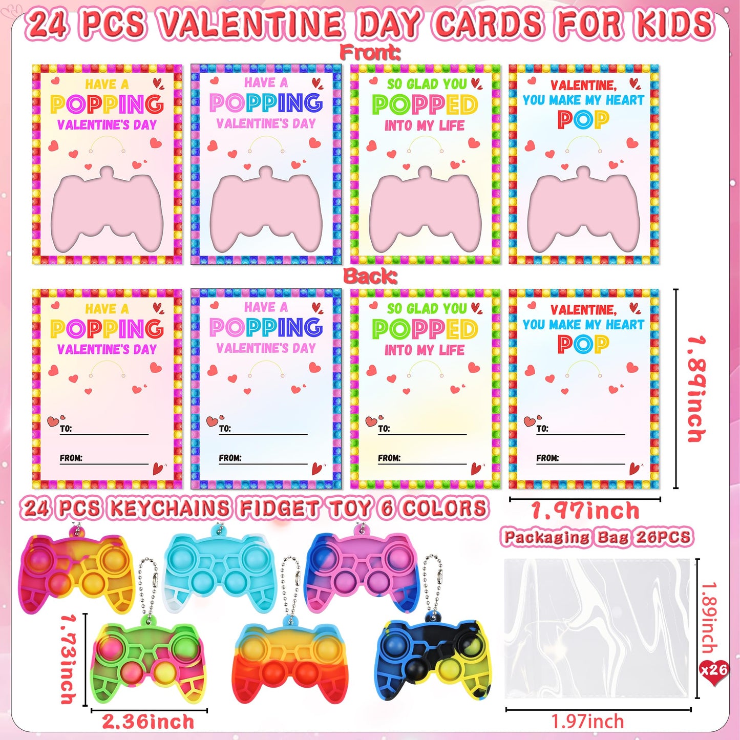 Grastfu 24-Pack Valentines Day Kids Pop Fidget Keychains with Cards & Gift Bags
