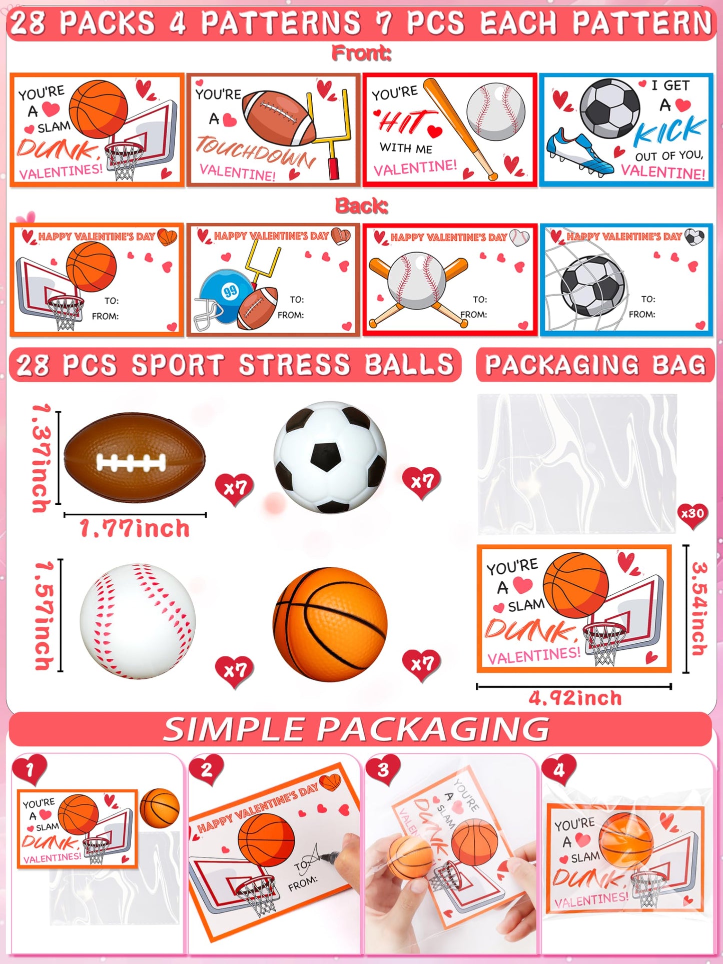 Grastfu 28-Pack Valentines Day Gifts for Kids – Sports Balls & Cards