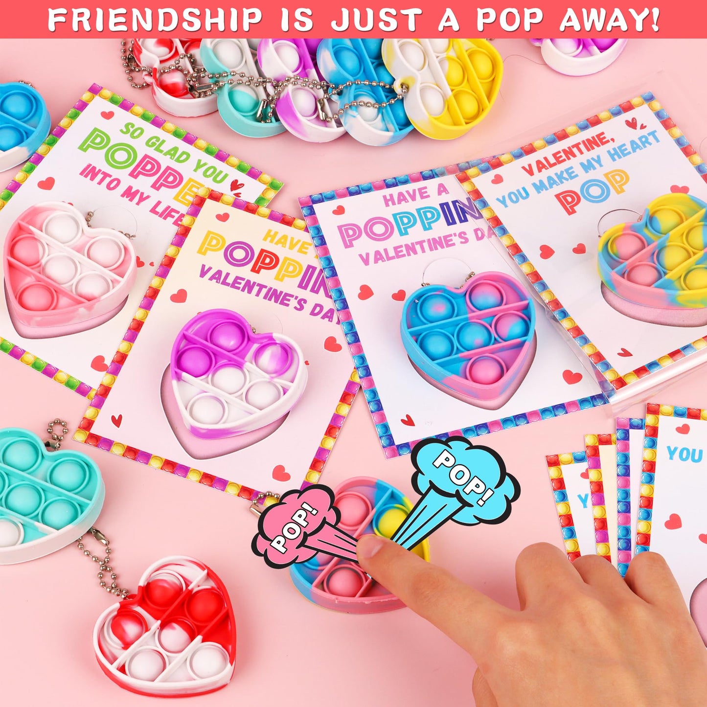 Grastfu 24-Pack Valentines Day Gifts for Kids: Cards & Mini Pop Heart Keychains