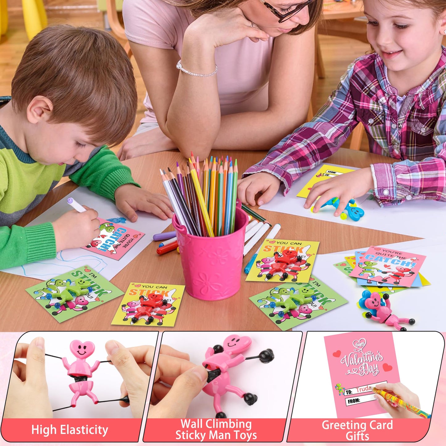 Grastfu 28-Pack Valentines Day Gifts for Kids - Sticky Man Toys & Classroom Cards