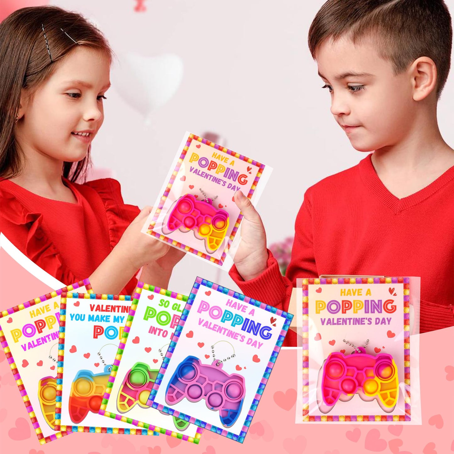 Grastfu 24-Pack Valentines Day Kids Pop Fidget Keychains with Cards & Gift Bags