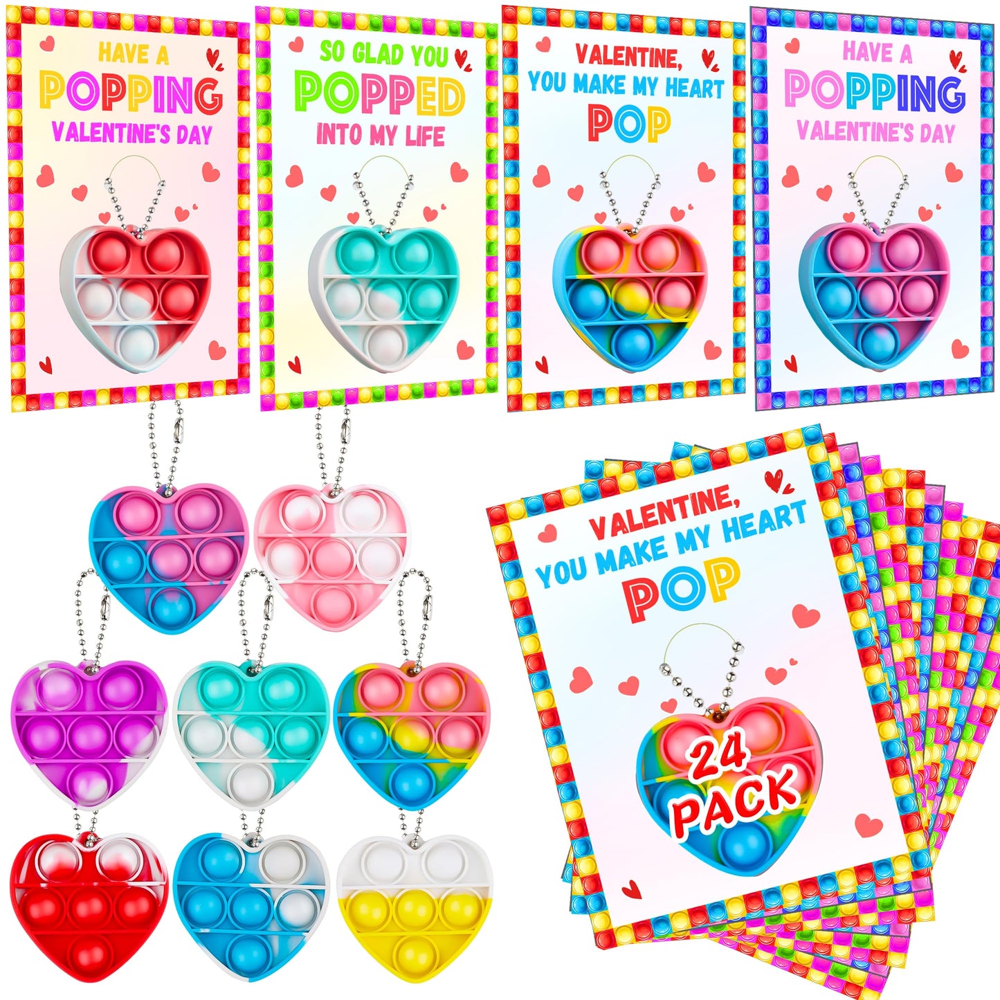 Grastfu 24-Pack Valentines Day Gifts for Kids: Cards & Mini Pop Heart Keychains