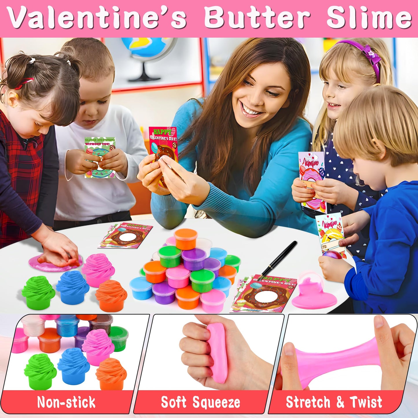Grastfu 28-Pack Valentine’s Day Butter Slime Kit with Donut Cards for Kids