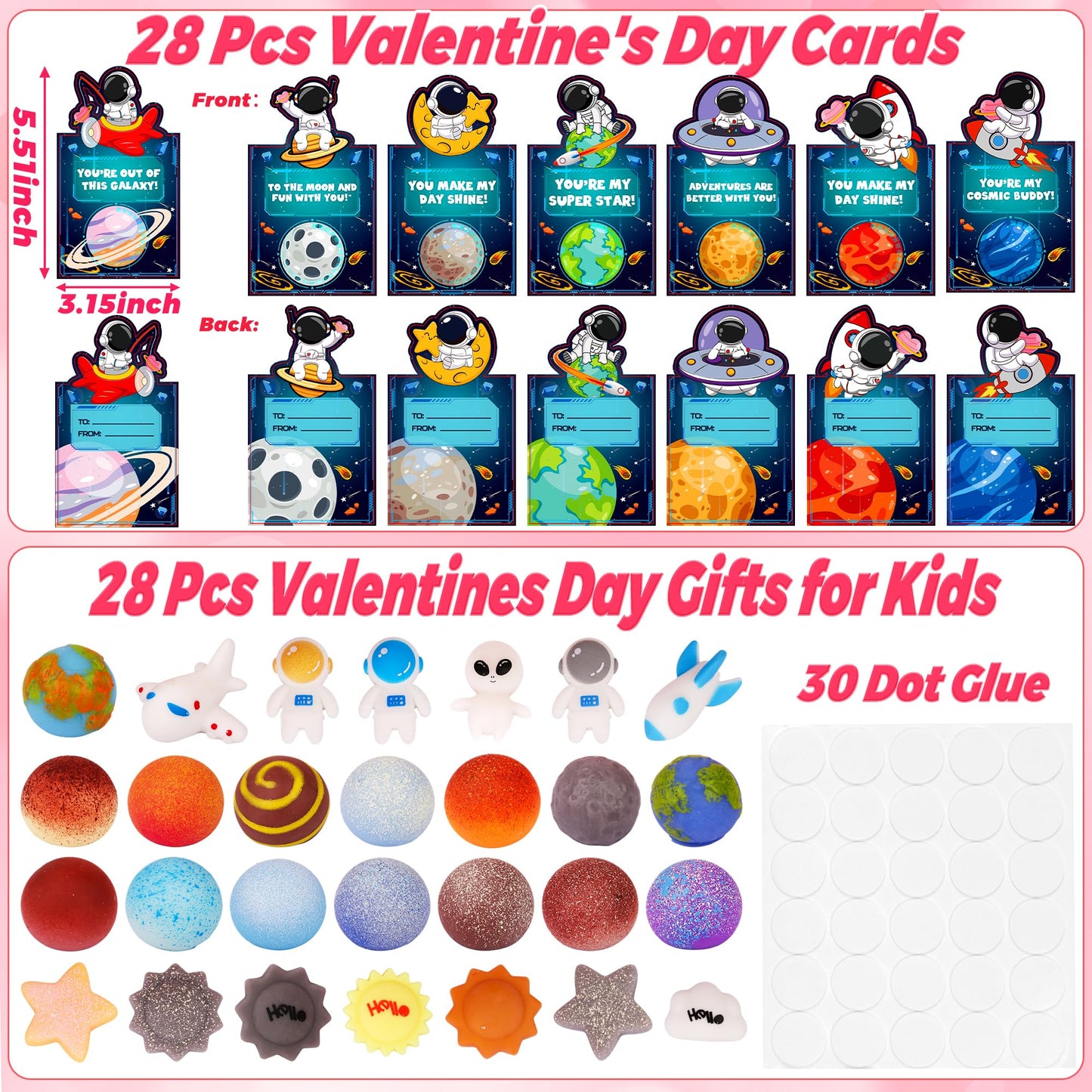 Grastfu 28-Pack Valentines Cards with Galaxy Squishies – Classroom Gifts & Party Favors