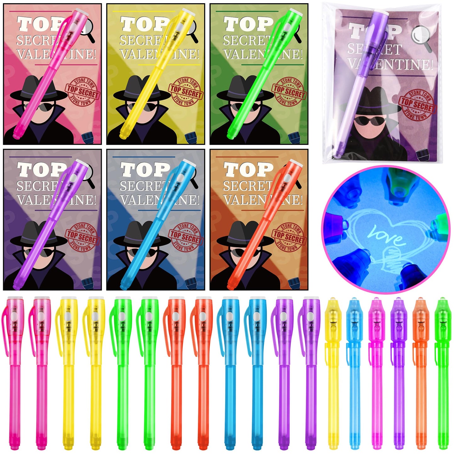 Grastfu 24-Pack Valentines Day Gifts for Kids — Invisible Ink Pens with Cards