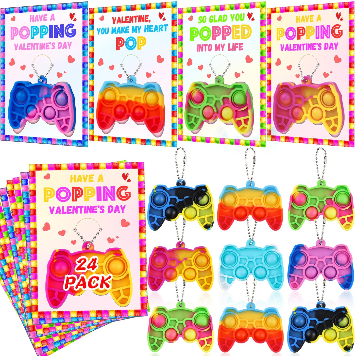 Grastfu 24-Pack Valentines Day Kids Pop Fidget Keychains with Cards & Gift Bags