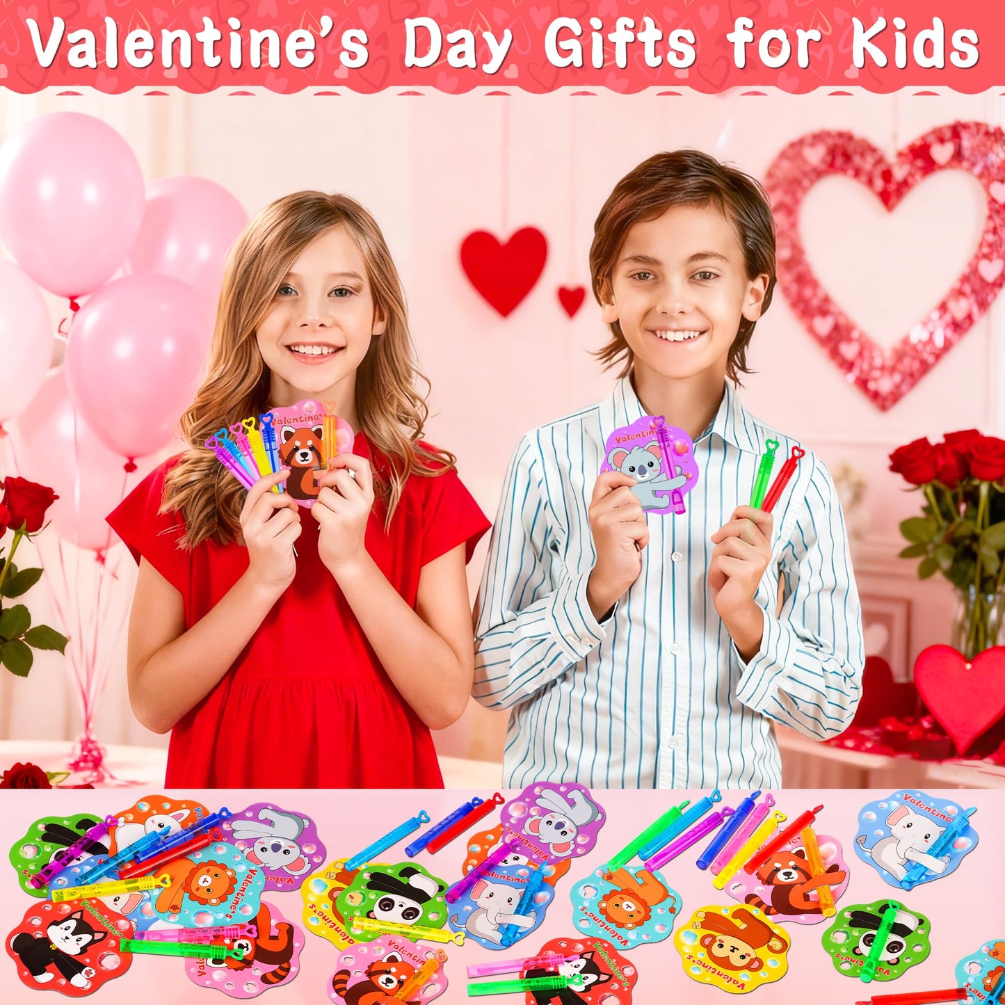 Grastfu 32-Pack Valentines Day Mini Bubble Wands with Animal Cards – Classroom Party Favors