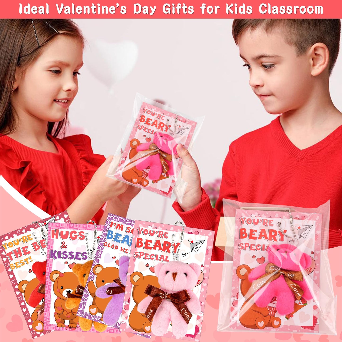 Grastfu 28-Pack Valentines Day Gifts for Kids – Mini Bear Plush Toys with Keychains and Classroom Cards