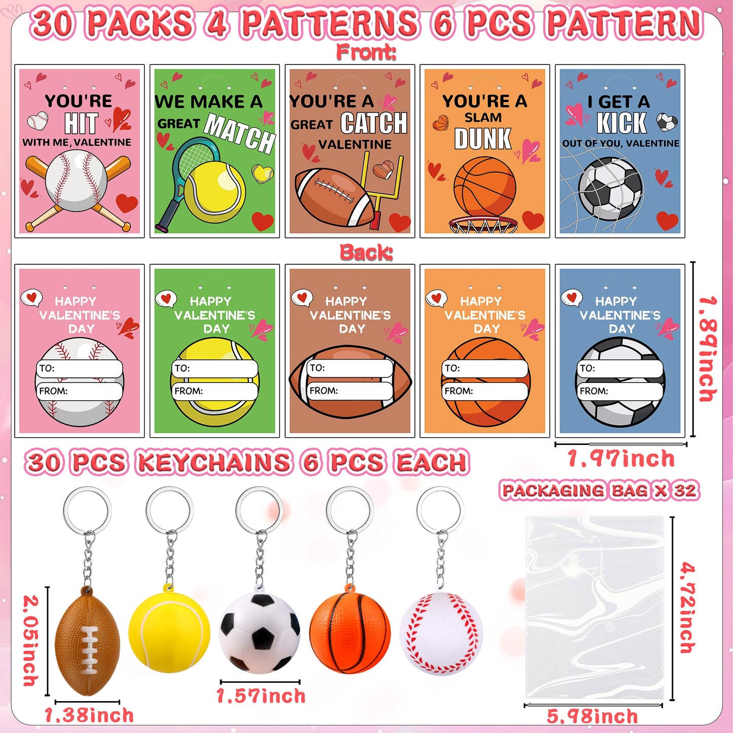 Grastfu 30-Pack Valentines Day Gifts for Kids — Sports Stress Ball Keychains