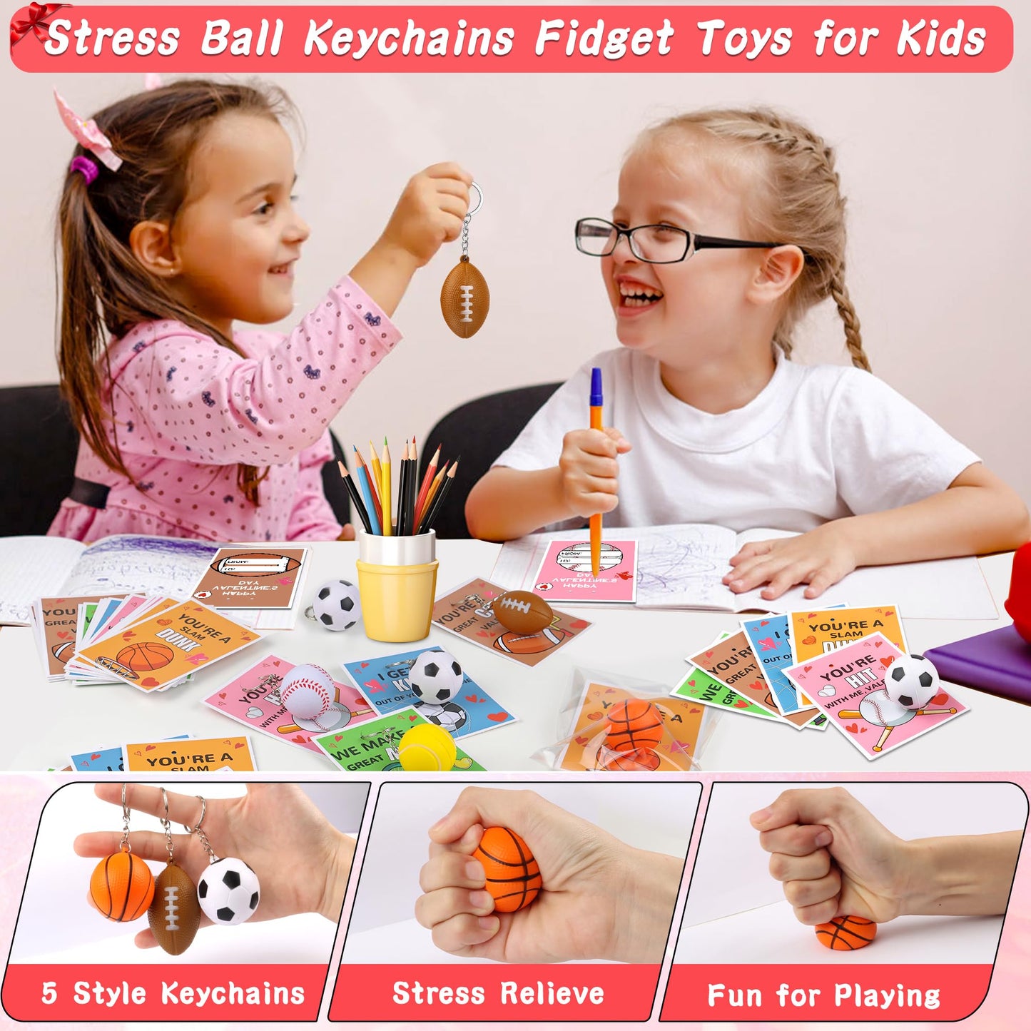 Grastfu 30-Pack Valentines Day Gifts for Kids — Sports Stress Ball Keychains